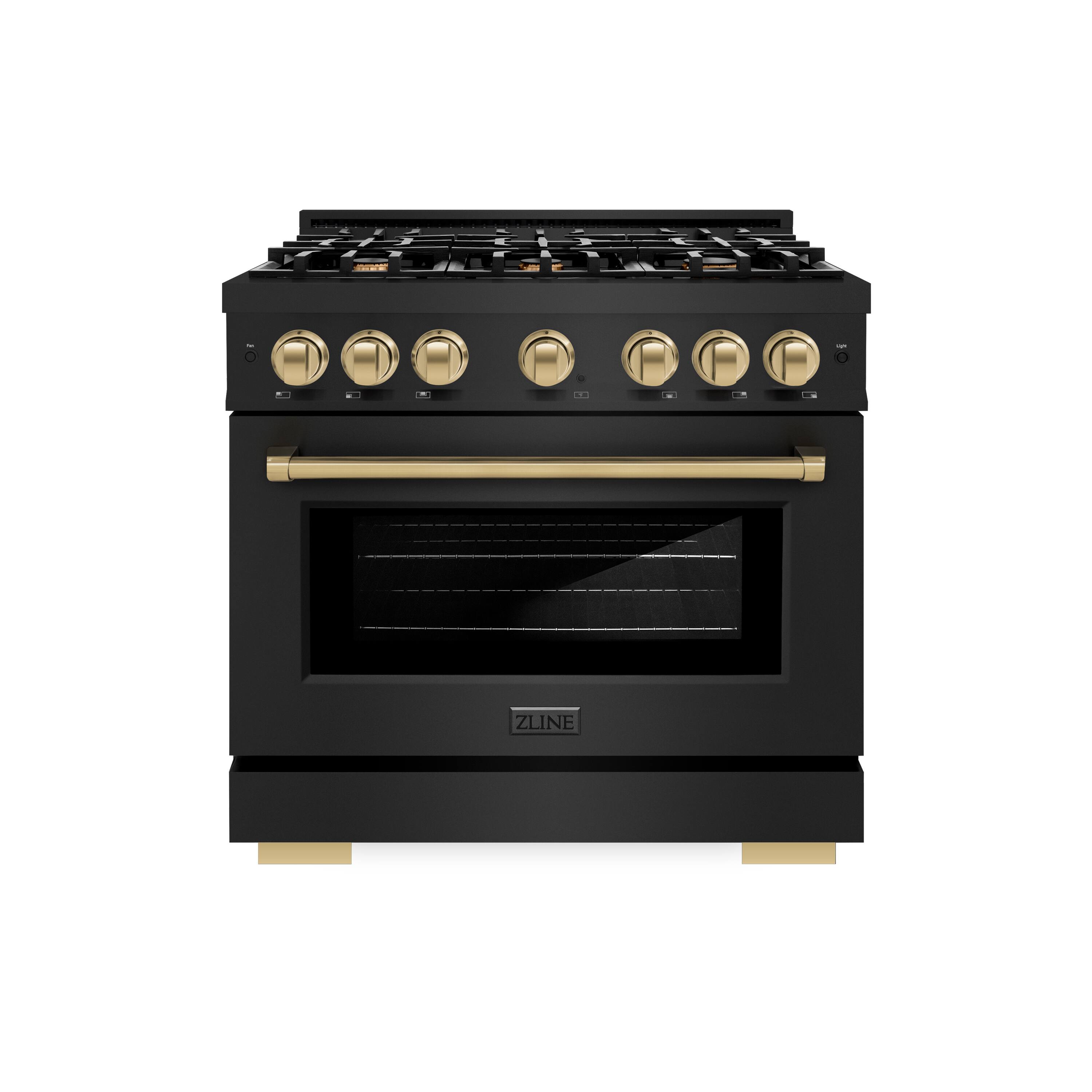 Angle. ZLINE - ZLINE Autograph 36 in. 5.2 cu. ft. Freestanding Select Black Stainless Gas Range w/ 6 Burners & Bronze Accents - Black Stainless Steel.