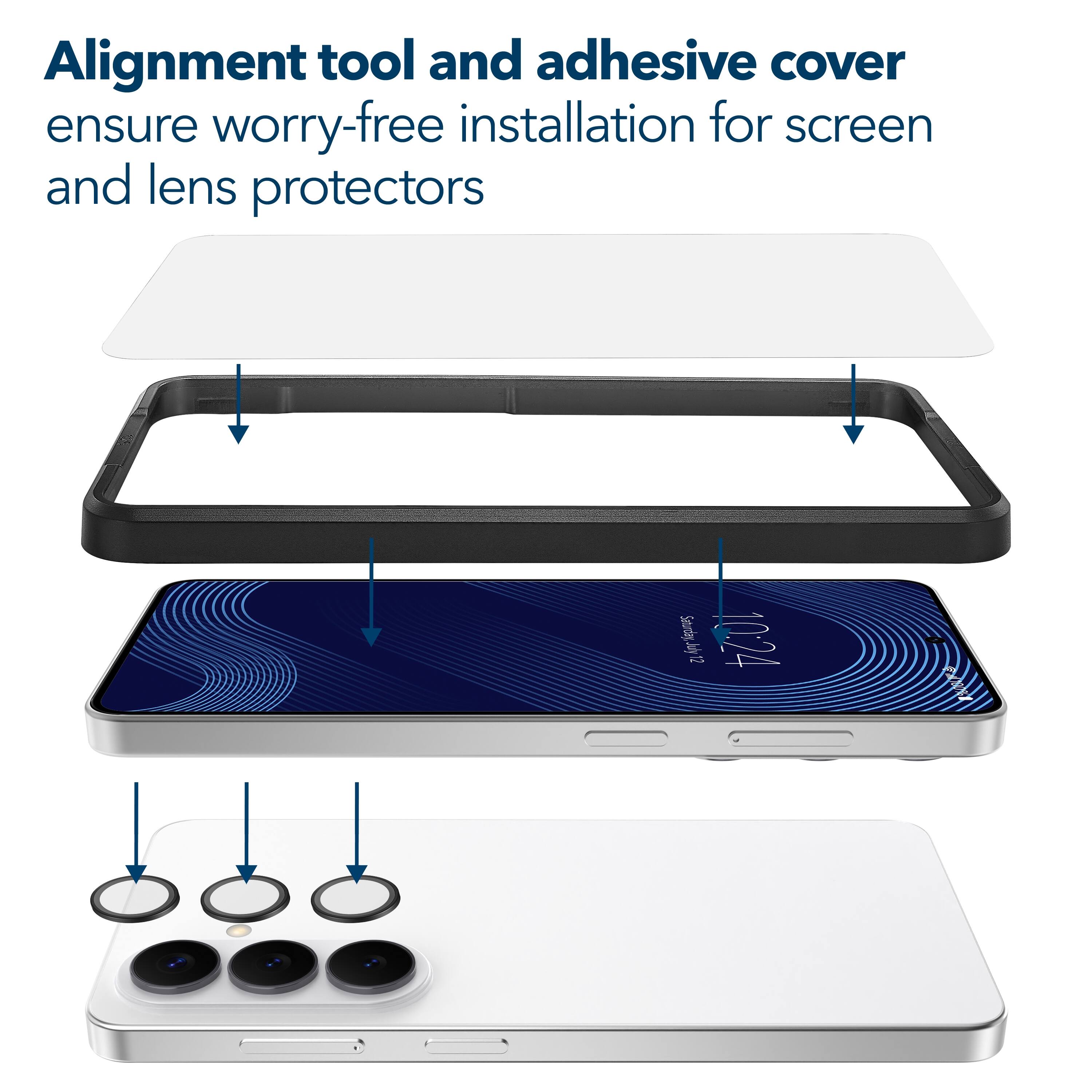 Alignment tool and adhesive cover ensure worry-free installation for screen and lens protectors