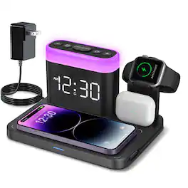 Dazzed Corner - 5-in-1 Wireless Charging Station with Alarm Clock & 7-Color Night Light - Black