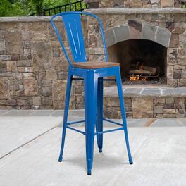 Emma + Oliver - 30"H Metal Dining Barstool with Back and Square Wood Seat - Blue