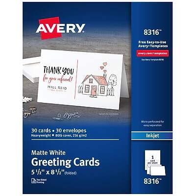 AVERY
8316
Free Easy-to-Use Avery Templates
avery.com/templates
Like E14
THANK YOU for your referral!
HILL REID
30 cards • 30 envelopes
Heavyweight • 80lb cover, 216 g/m2
Micro perforated for easy Inkjet
Matte White
Greeting Cards
5 1/2" x 8 1/2" (folded)
Two Printing 1 card
Inkjet
8316