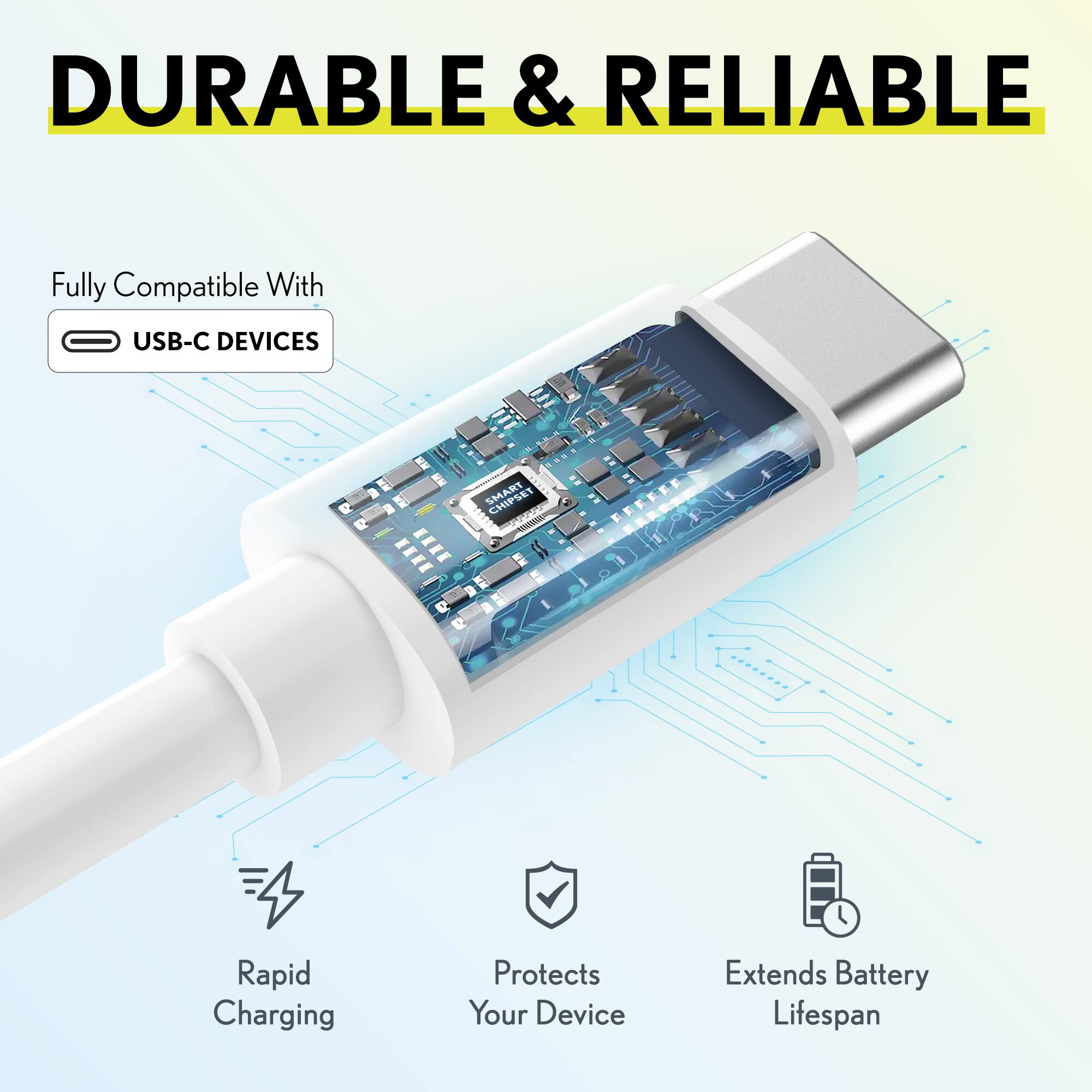 DURABLE & RELIABLE

Fully Compatible With USB-C DEVICES

- Rapid Charging
- Protects Your Device
- Extends Battery Lifespan