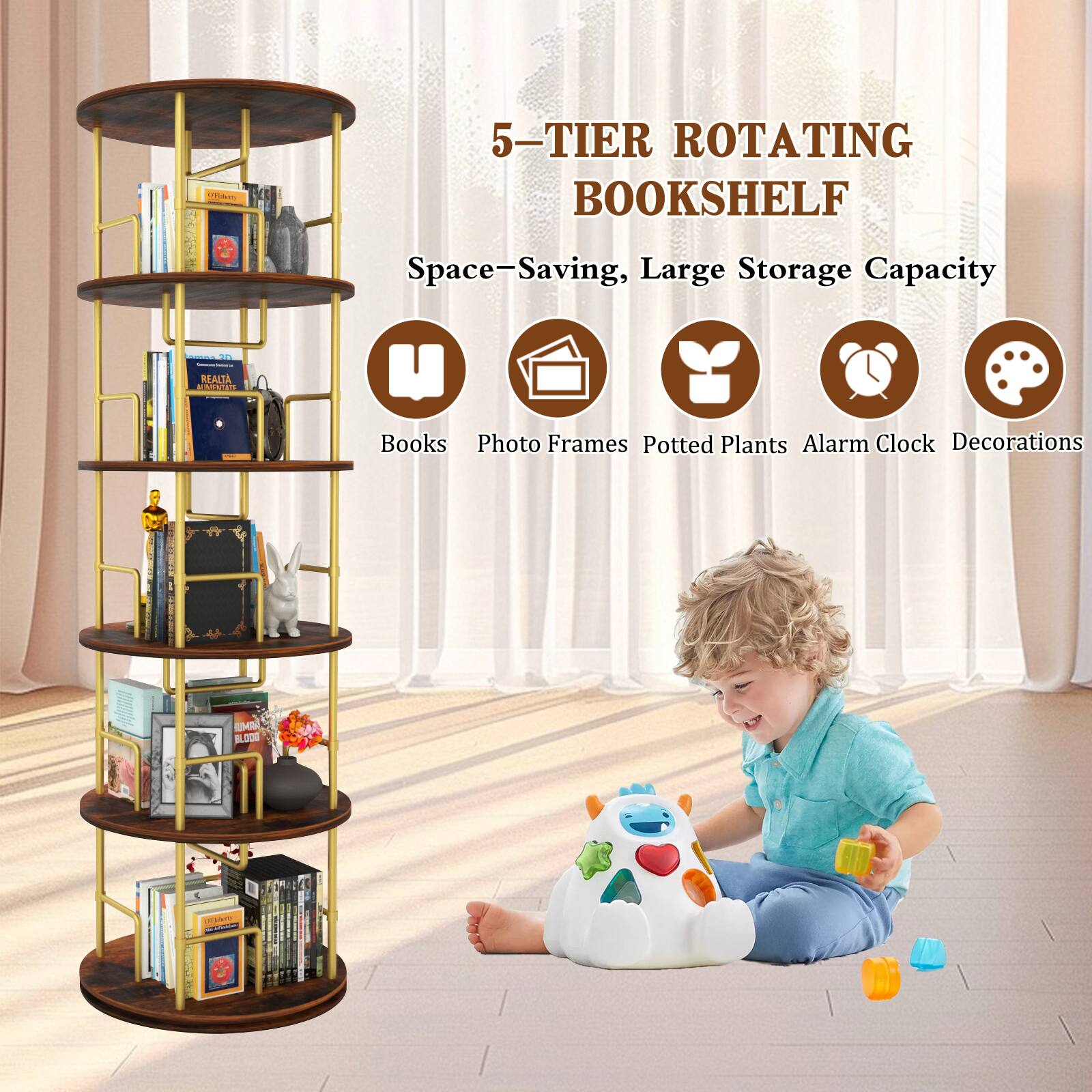 5-TIER ROTATING BOOKSHELF  
Space-Saving, Large Storage Capacity  

Books  
Photo Frames  
Potted Plants  
Alarm Clock  
Decorations