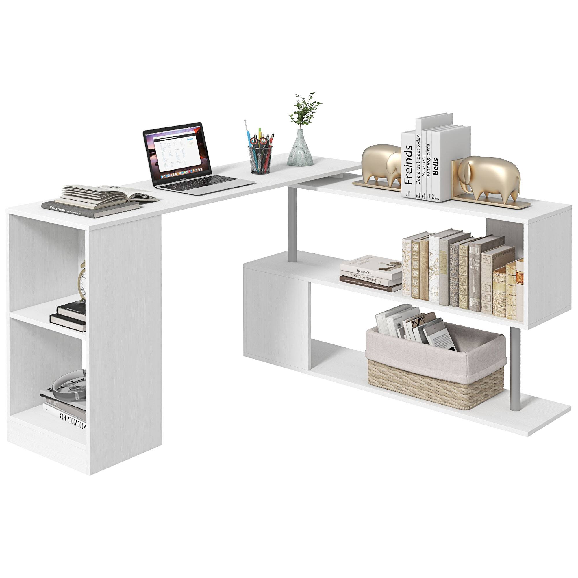 Homcom - 55" 360° Rotating Corner Computer Desk Modern L-Shaped Home Office Workstation with 3-Tier Storage Shelves - White