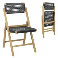 Costway 2 Piece Patio Folding Chairs with Woven Rope Seat & High Back Indonesia Teak Wood for Porch - Natural + Black - Front_Zoom