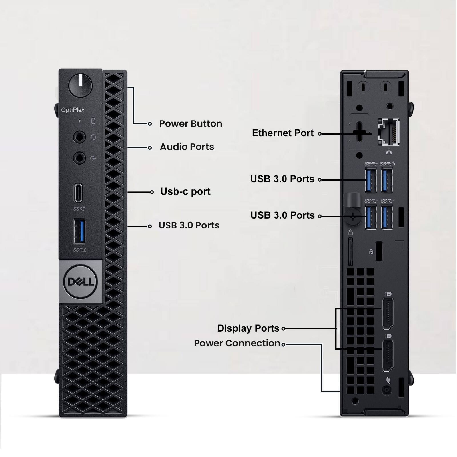 OptiPlex Power Button Audio Ports Ethernet Port USB-c port USB 3.0 Ports USB 3.0 Ports Display Ports Power Connection
