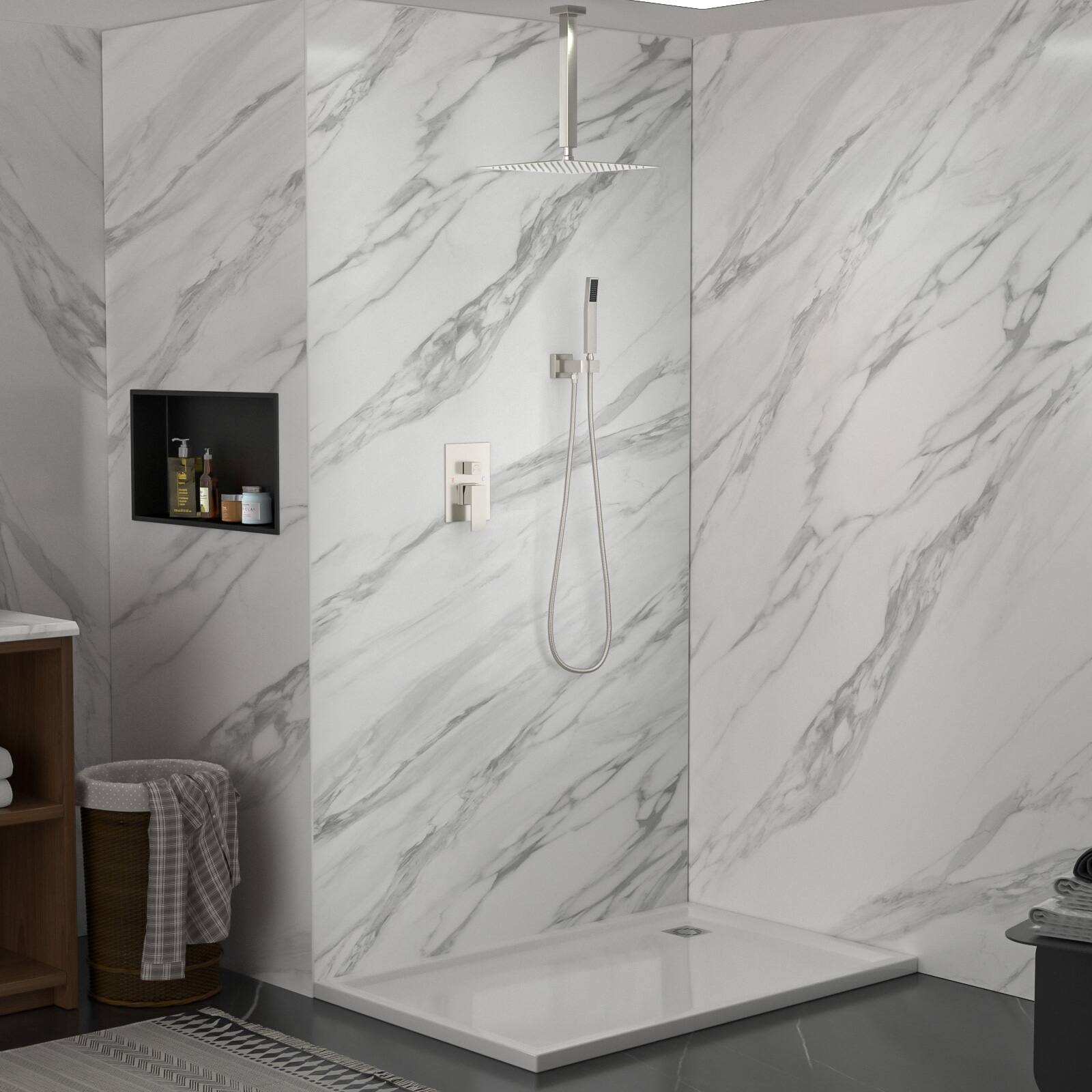 Left. Lordear - Dual Shower Head - 10 Inch Ceiling Mount Square Shower System with Rough-in Valve,Brushed Nickel - Brushed Nickel.