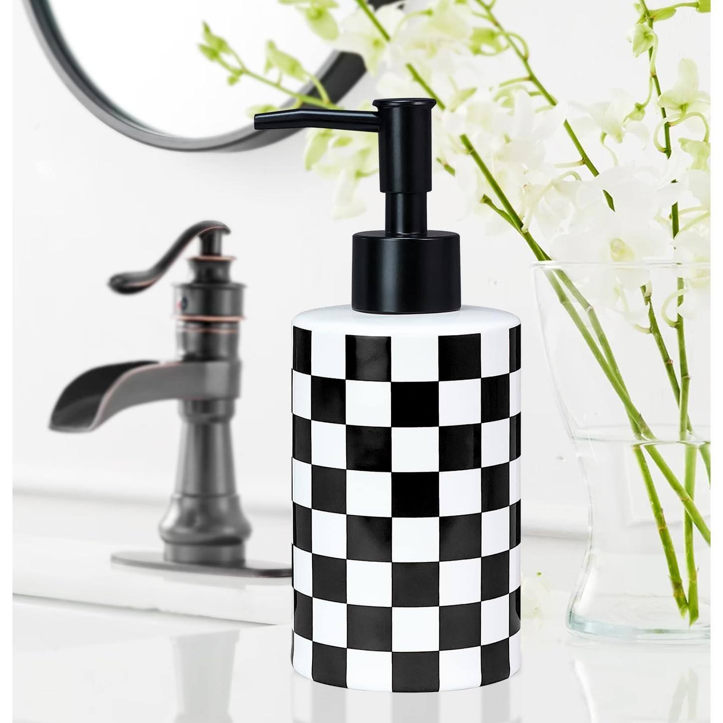 Alt View 2. Dapper Styles - Checke Soap Dispenser With Pump And Ceramic Bottle For Kitchen Bathroom Hand Containers - Pink and White Checkered Soap Dispenser.