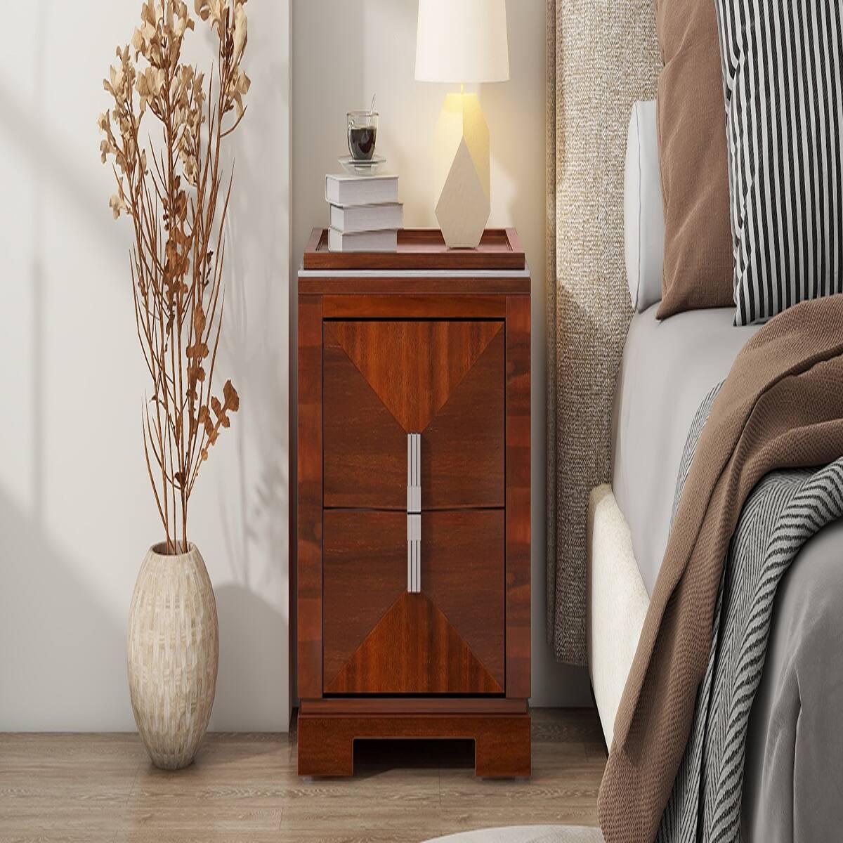 Back. Loheer - Loheer Mid-Century Modern Nightstand, Two Drawer Storage, Dark Brown, Twenty-Four Inch Wide - Dark Brown.