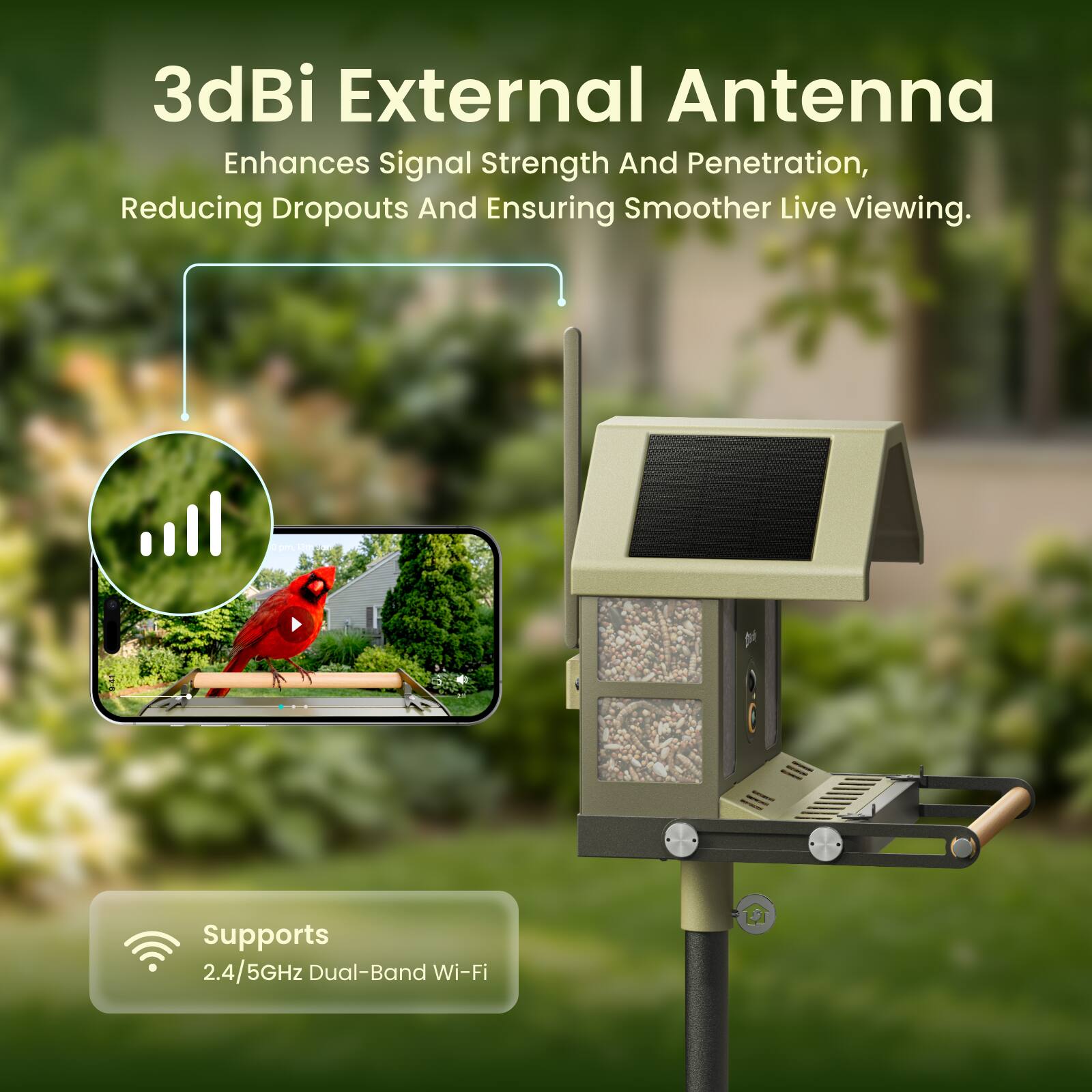 3dBi External Antenna  
Enhances Signal Strength And Penetration,  
Reducing Dropouts And Ensuring Smoother Live Viewing.  
Supports 2.4/5GHz Dual-Band Wi-Fi