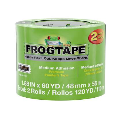 Made in the USA with US Rade
PACK 2 PIEZAS
FROGTape
Keeps Paint Out. Keeps Lines Sharp.
The ONLY Tape With PAINTBLOCK TECHNOLOGY
Seals Tape Edges!
Premium calidad
FrogTape.com
Painter's Tape
1.88IN X 55 m X 60 YD / 48 mm X 110m
Total: 2 Rolls / Rollo 120 YD / 110m