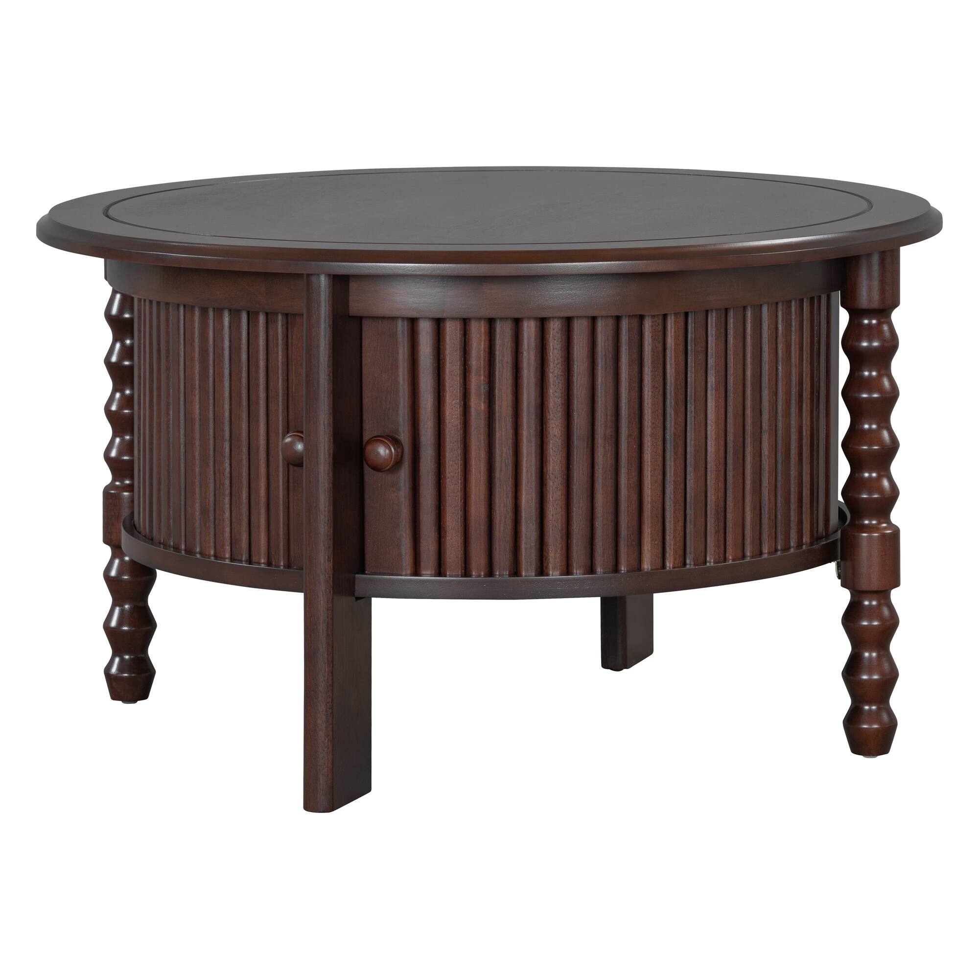 Alt View 5. Bestier - Vintage Round Coffee Table with Storage 30.3 Inch Mid Century Modern Cocktail Table with Sliding Door for Living Room - Walnut.