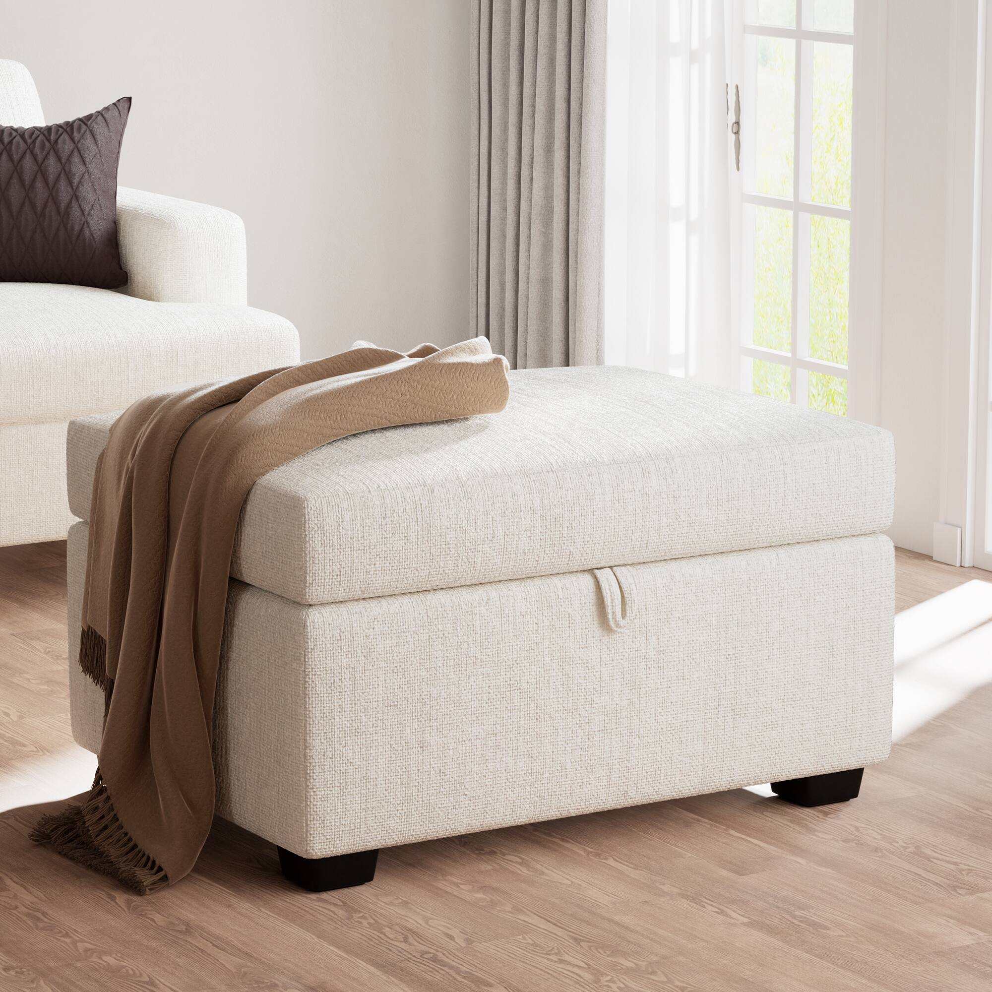 Front. KERDOM - 85'' Wide 3 Seat Sofa Couch Velvet with with Chaise Longue, Deep Seats, Upholstered Convertible Sofa, 900lbs Capacity - Beige - Ottoman Only.