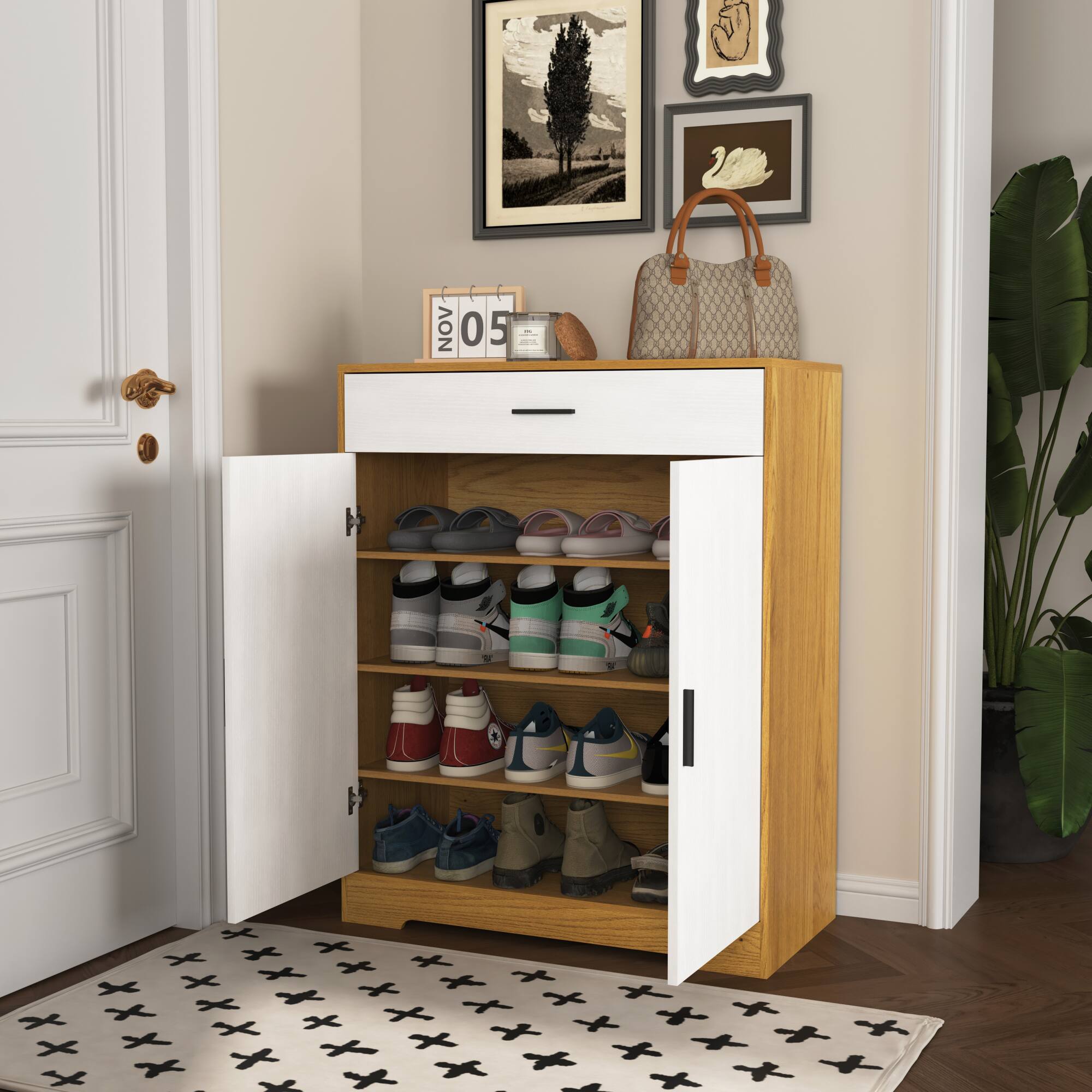 Left. GOODSILO - 4-Tier Shoe Storage Cabinet with Adjustable Shelves and Spacious Drawer for Entryway and Hallway Organization - Natural.