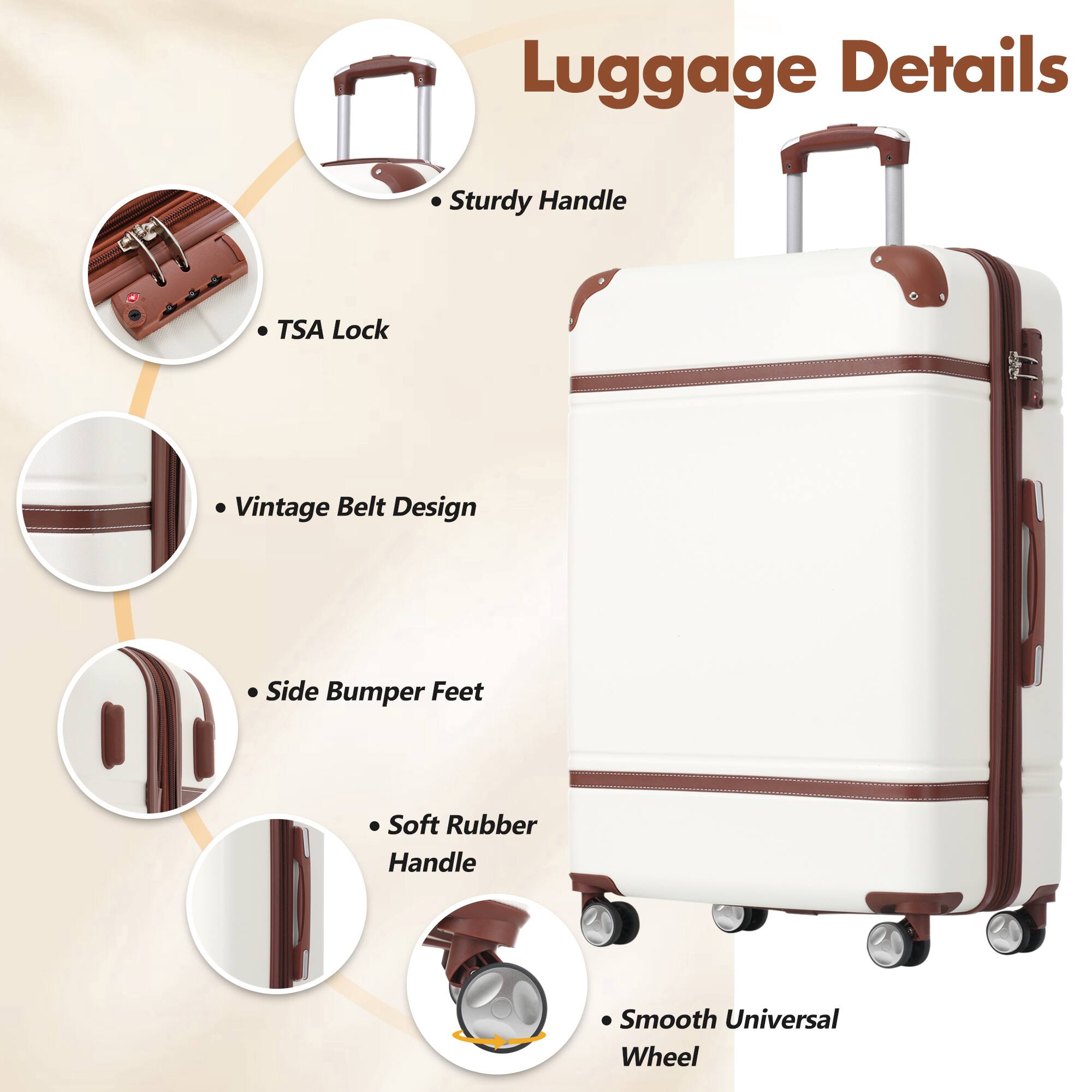 Luggage Details

- Sturdy Handle
- TSA Lock
- Vintage Belt Design
- Side Bumper Feet
- Soft Rubber Handle
- Smooth Universal Wheel
