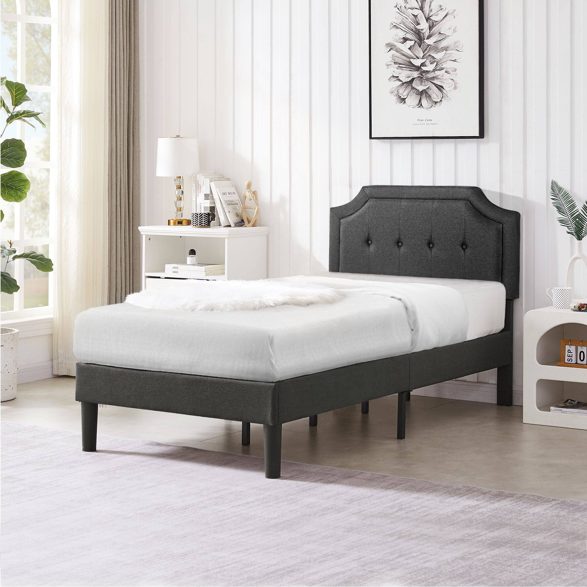 Alt View 1. Vecelo - Linen Upholstered Twin Size Bed Frame with Adjustable Headboard - Noise Free Platform Bed, 8" Under Bed Storage - Dark Grey.