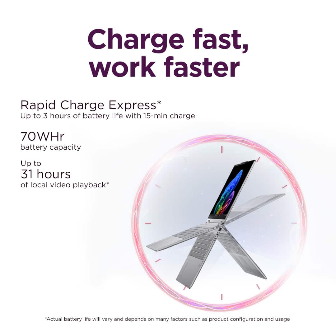 Charge fast, work faster Rapid Charge Express* Up to 3 hours of battery life with 15-min charge 70WHr battery capacity Up to 31 hours of local video playback* "Actual battery life will vary and depends on many factors such as product configuration and usage."