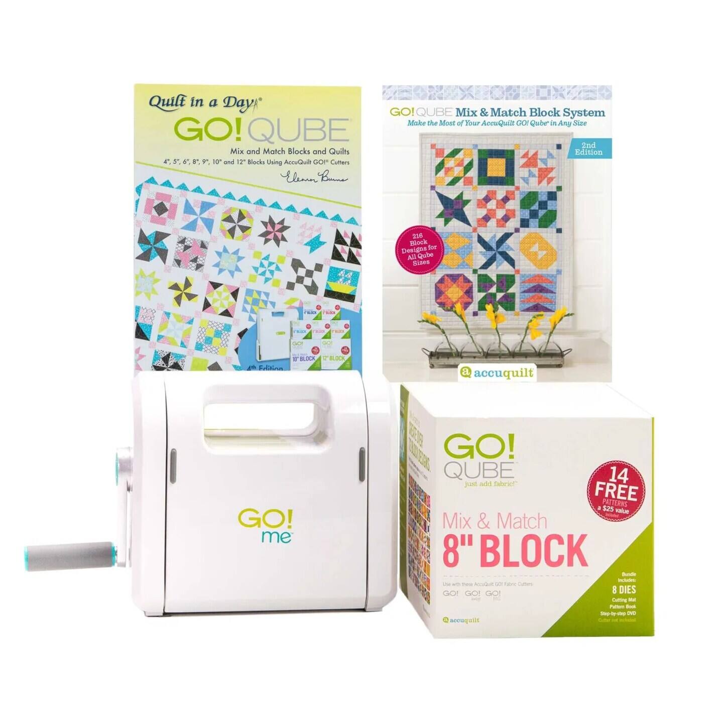 Quilt in a Day GO! QUBE Mix and Match Blocks and Quilts 4" 5" 6" 7" 8" 9" 10" and 12" Blocks Using AccuQuilt GO! Cutters Eleanor Bue GO! QUBE Mix & Match Block System Make the Most of Your AccuQuilt GO! QUBE in Any Size 2nd Edition 208 Block Designs for All Sizes A J Fulton - BLOCK a accuquilt GO! me GO! QUBE 14 just add fabric FREE PATTERNS a $25 value Mix & Match 8" BLOCK -u - - Accubut sor Tar CACOT GO GO I DIES rumig - ~ - Stp-le-shec OVe Kiegenoe