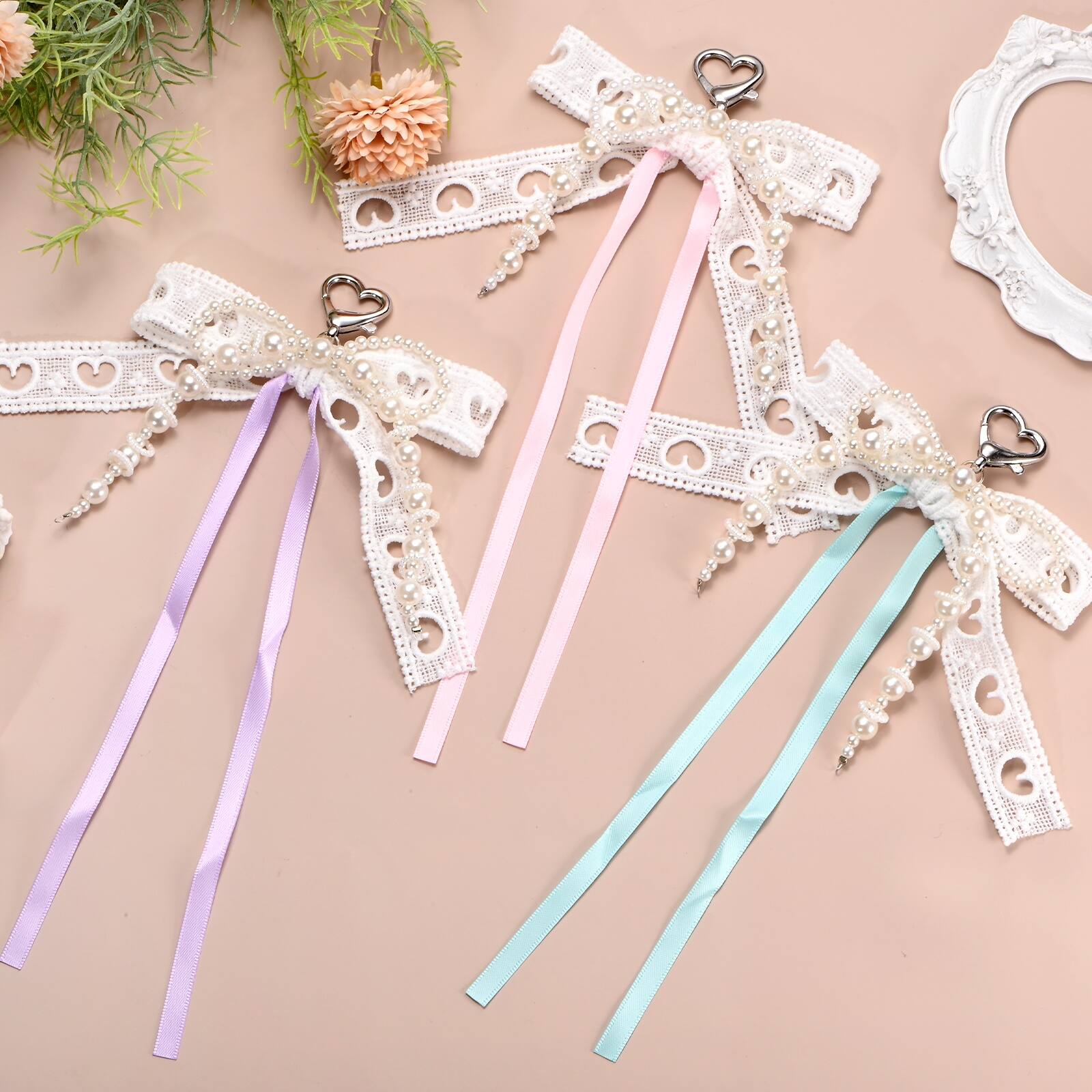 Alt View 3. Unique Bargains - Pearl Bow Keychain 16mm Y2K Aesthetic Hollow Heart Bowknot Ribbon Keyring, Cute Bag Charm for Tote Bags Purse - Blue.