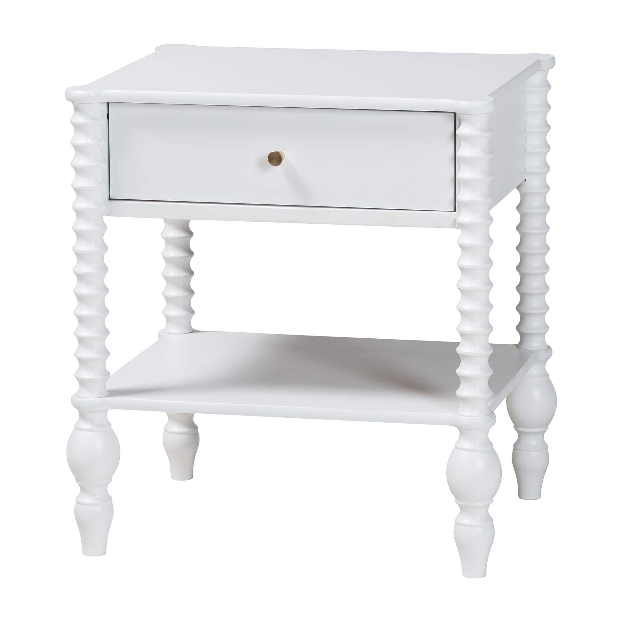 Baxton Studio - Callison Spindle Nightstand - 1-Drawer Farmhouse Bedside Table with Open Shelf Storage and Turned Accents for Bedroom - White