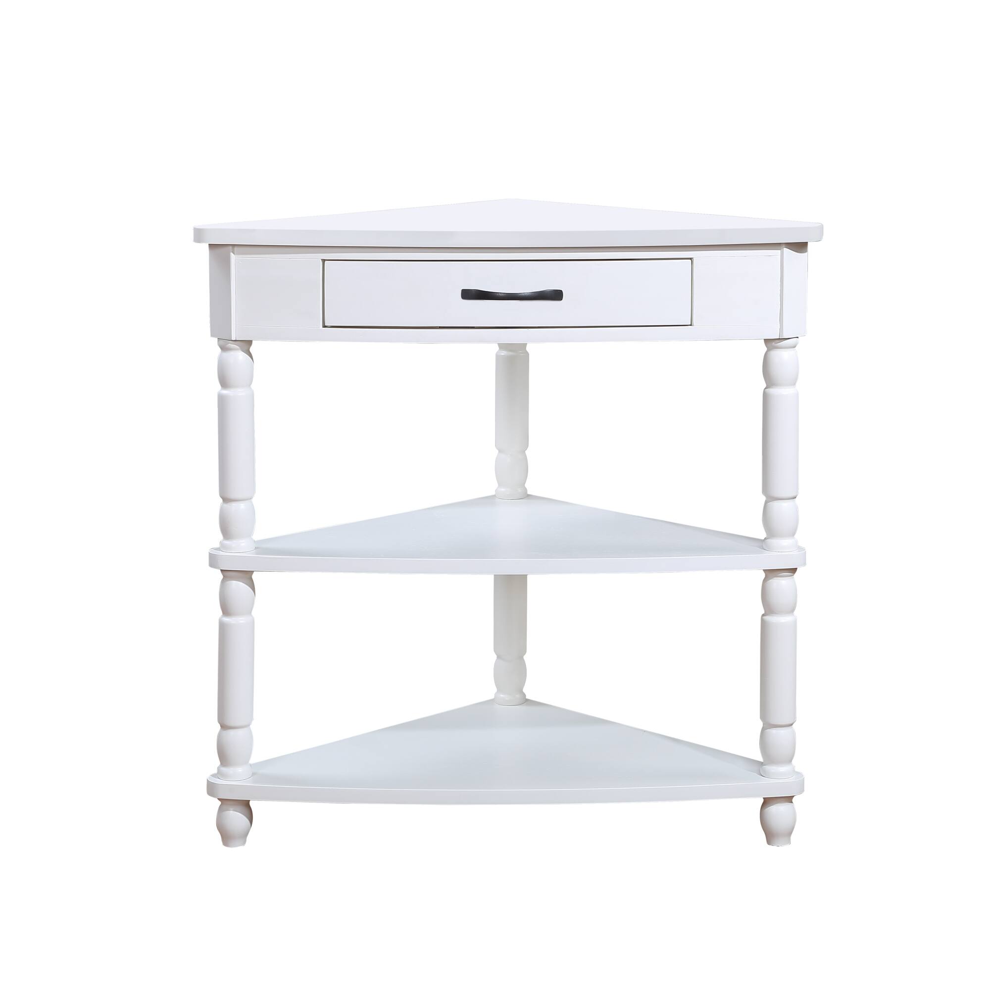 Left. GOODSILO - Compact Triangular Corner Table with Three Tiers for Space-Saving Storage and Display - Milk White.