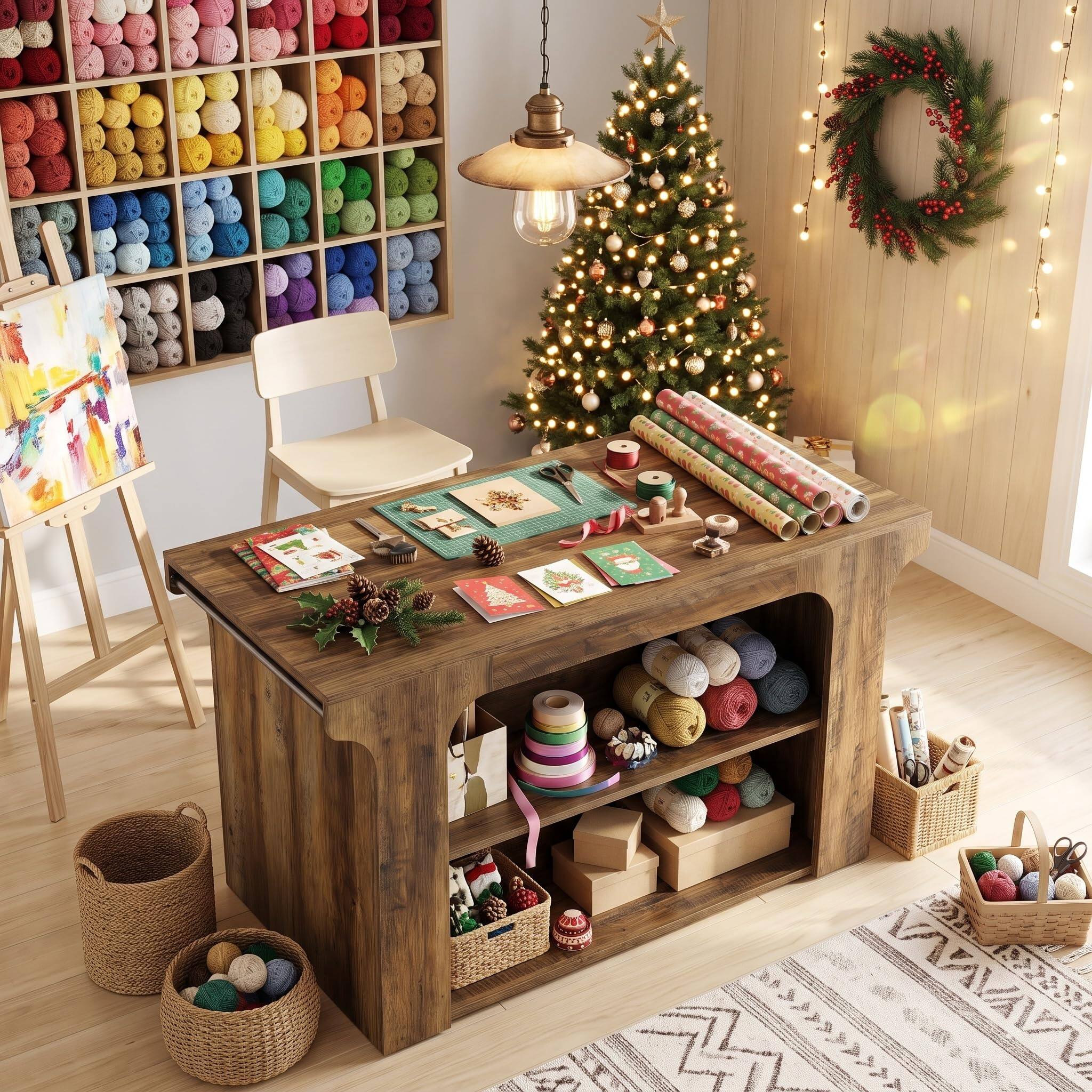 Alt View 5. Tribesigns - Farmhouse Craft Table with Storage, Seating, 2 Hanging Rods - Brown.