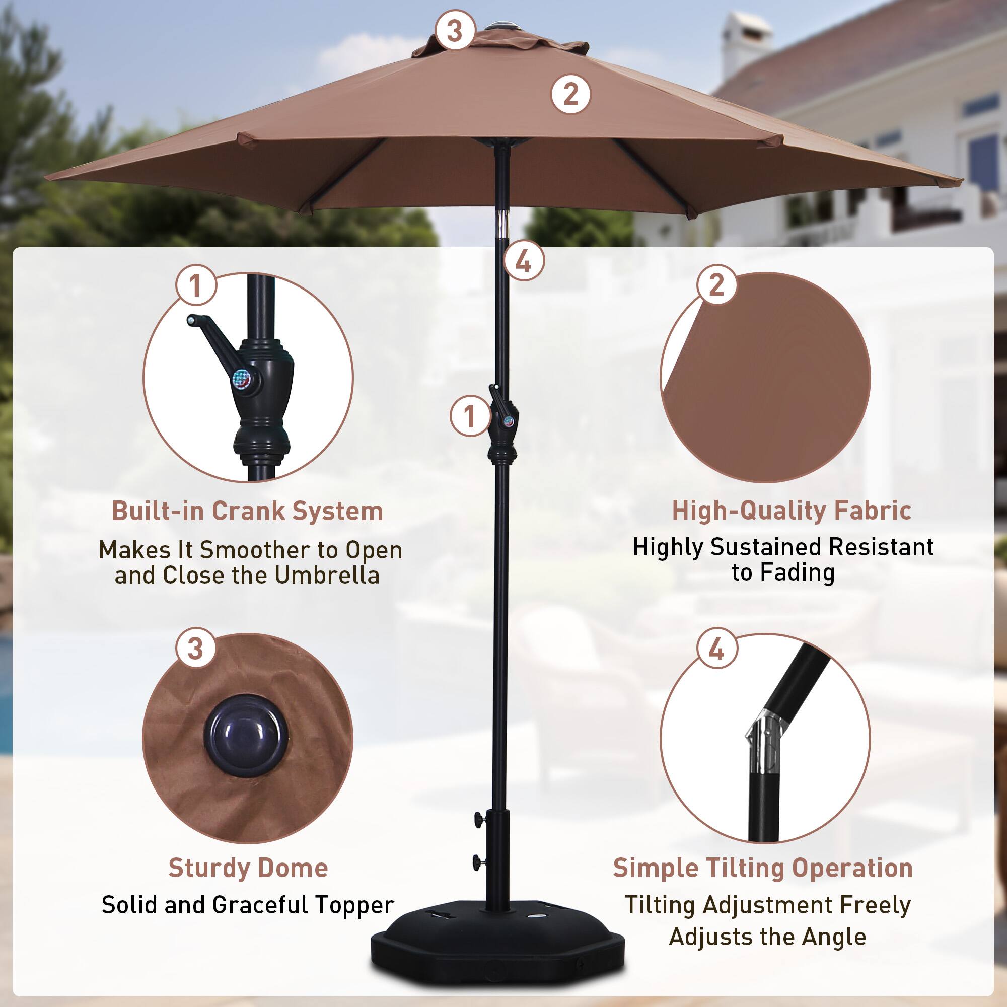 1. Built-in Crank System Makes It Smoother to Open and Close the Umbrella
2. High-Quality Fabric Highly Sustained Resistant to Fading
3. Sturdy Dome Solid and Graceful Topper
4. Simple Tilting Operation Tilting Adjustment Freely Adjusts the Angle