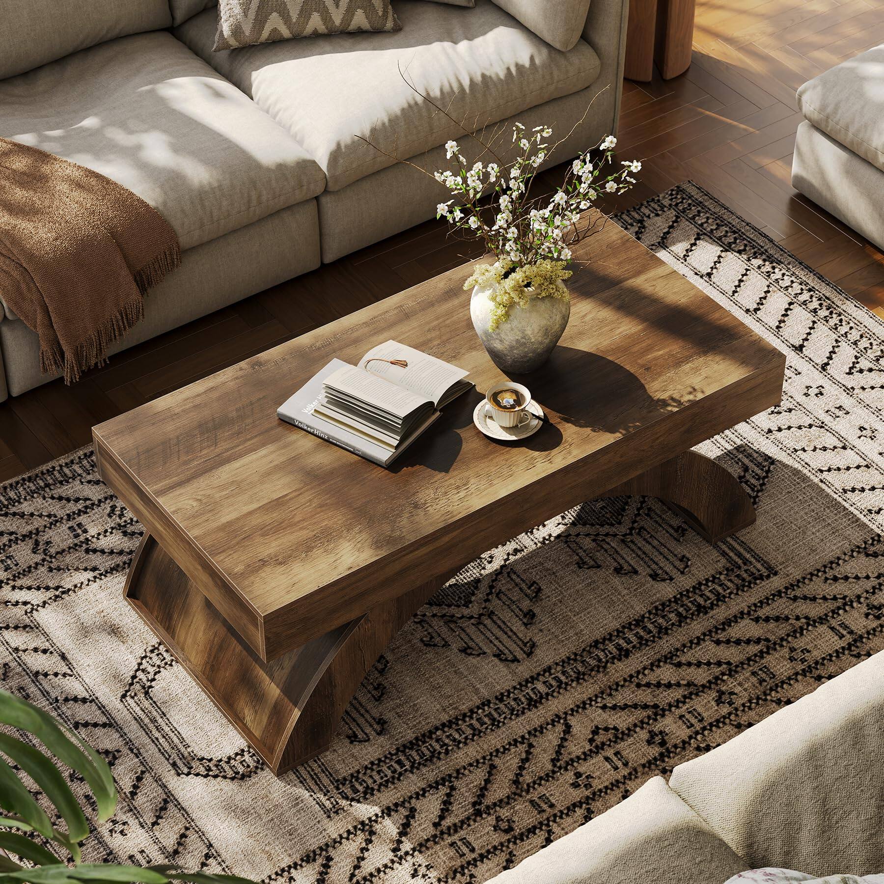Alt View 2. Tribesigns - LITTLE TREE Modern Coffee Table, 47” Living Room Table, Rectangle Coffee Table with Artistic Arched Base, Wood Center Ta - Rustic Brown.
