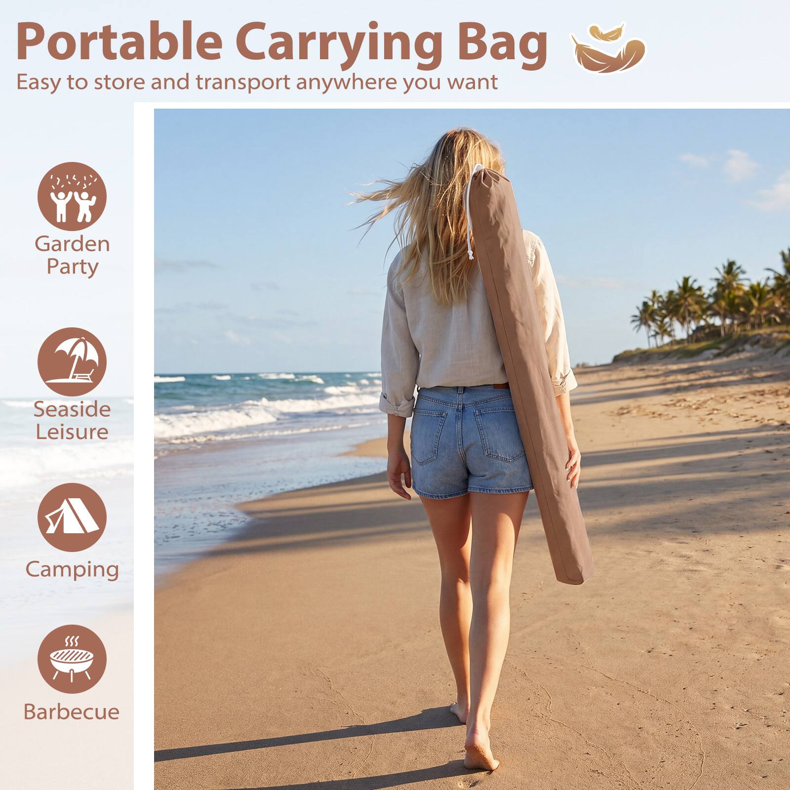 Portable Carrying Bag  
Easy to store and transport anywhere you want  

- Garden Party  
- Seaside Leisure  
- Camping  
- Barbecue