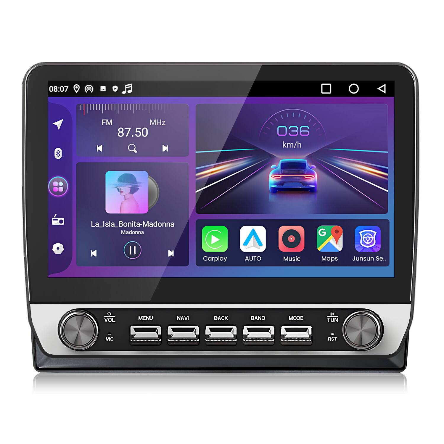 08:07 FM MHz 87.50 036 km/h La_Isla_Bonita-Madonna Madonna II Carplay AUTO Music Maps Junsun Se.. VOL MENU NAVI BACK BAND MODE H4 TUN MIC RST