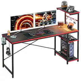 Bestier - Gaming Desk with RGB LED Lighting and 4-Tier Reversible Storage Shelves - Carbon Fiber Black