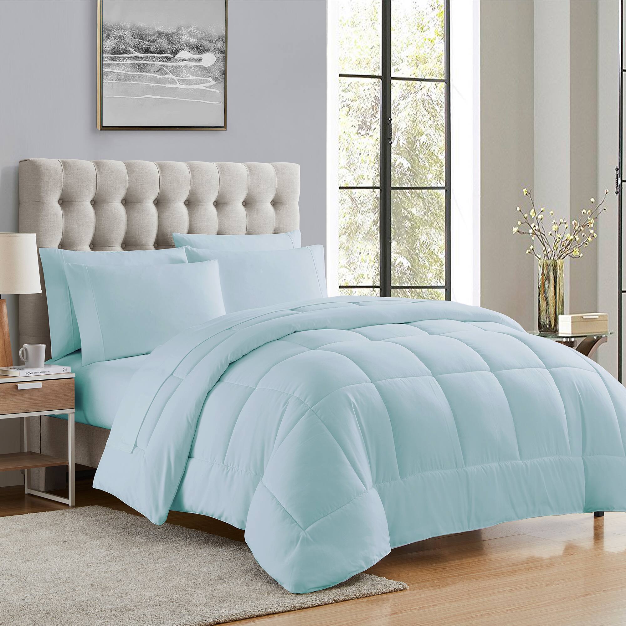 Front. Sweet Home Collection - All Season Reversible Bed-in-A-Bag Solid Color Comforter & Sheet Set, Twin XL - Aqua.