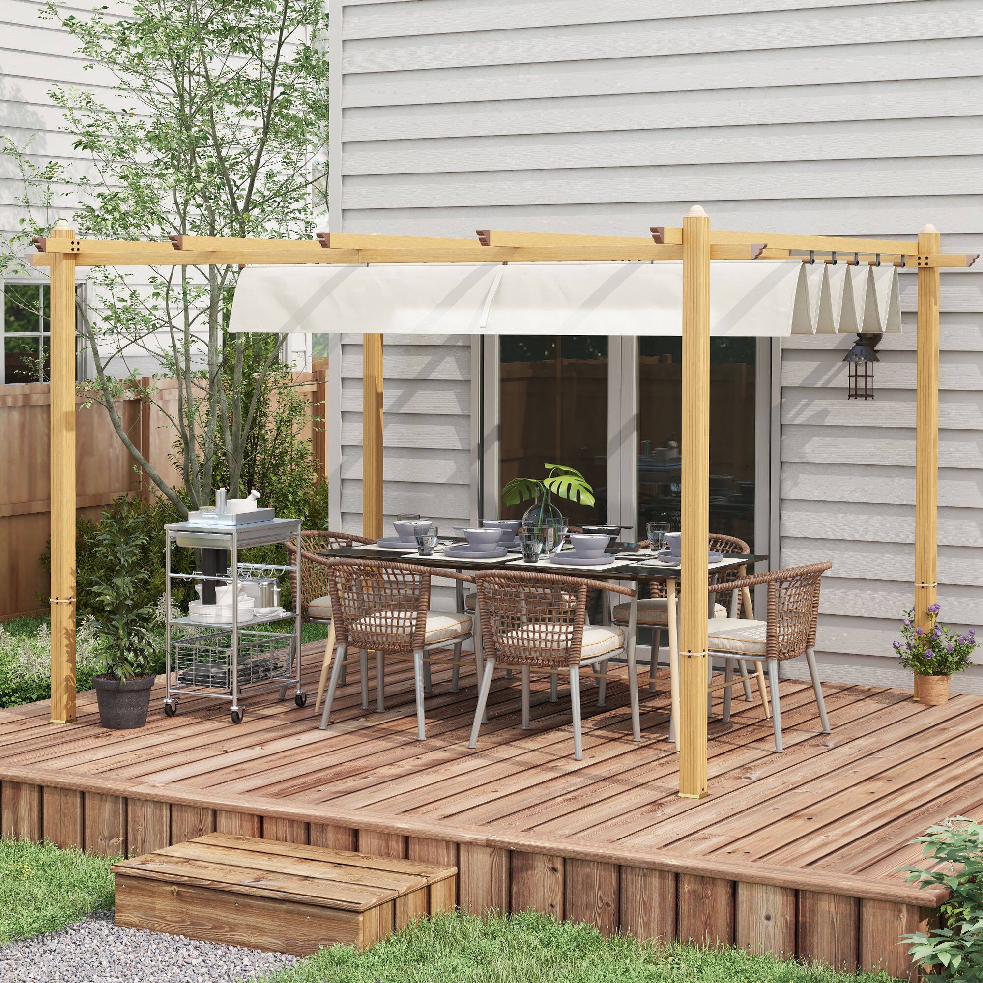 Angle. Outsunny - 10' x 14' Retractable Pergola Canopy, Wood Grain Aluminum Pergola, Outdoor Sun Shade Shelter for Grill - Cream White.