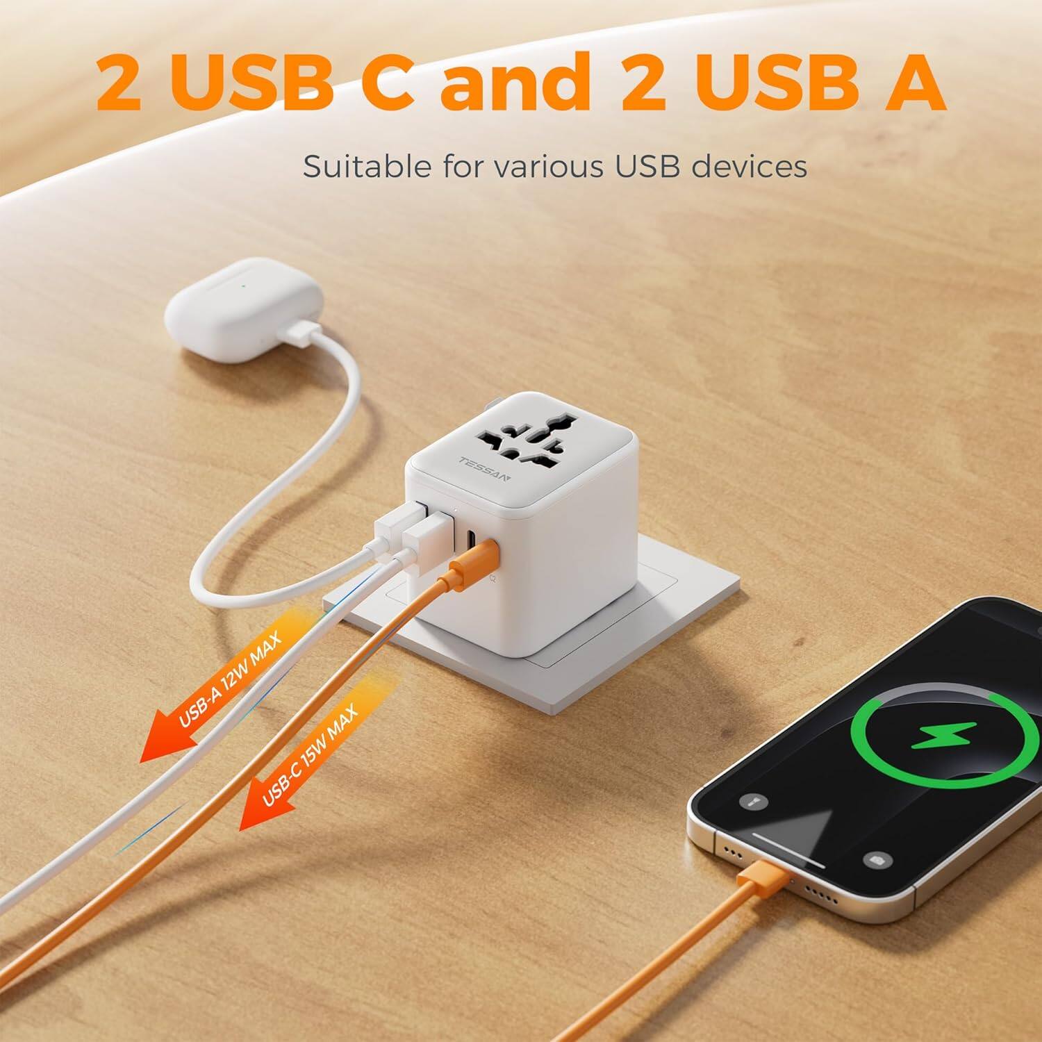 2 USB C and 2 USB A  
Suitable for various USB devices  

USB-A 12W MAX  
USB-C 15W MAX