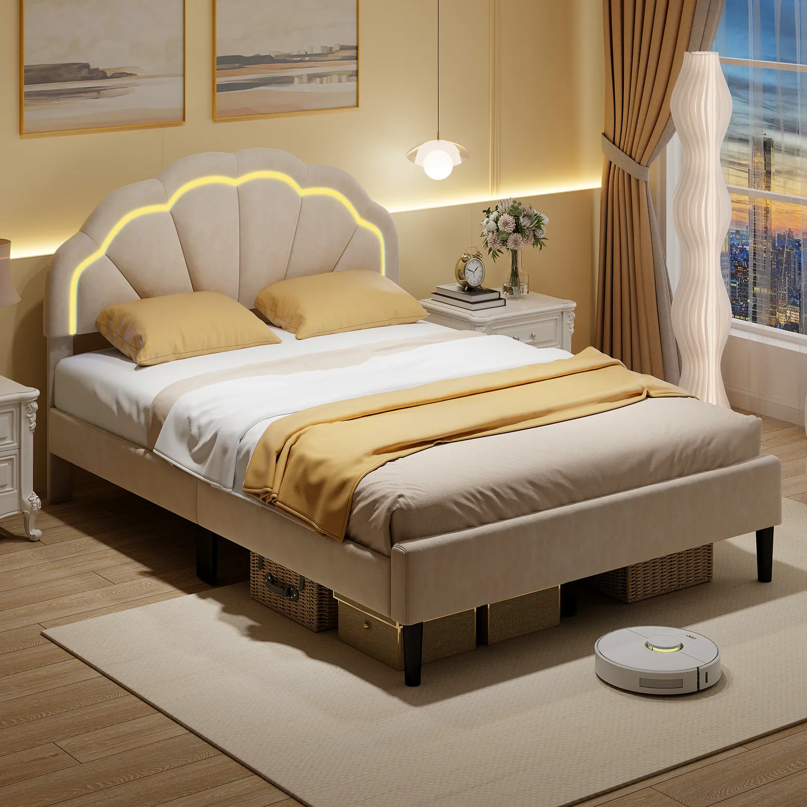 Alt View 4. Costway - Costway Full Size Upholstered LED Bed Frame Soft Velvet Platform Bed with Flower Headboard - Beige.