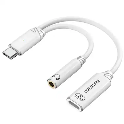 Front. Overtime - Overtime USB-C to USB-C & 3.5mm Audio and 100W Charging Splitter Adapter, White.