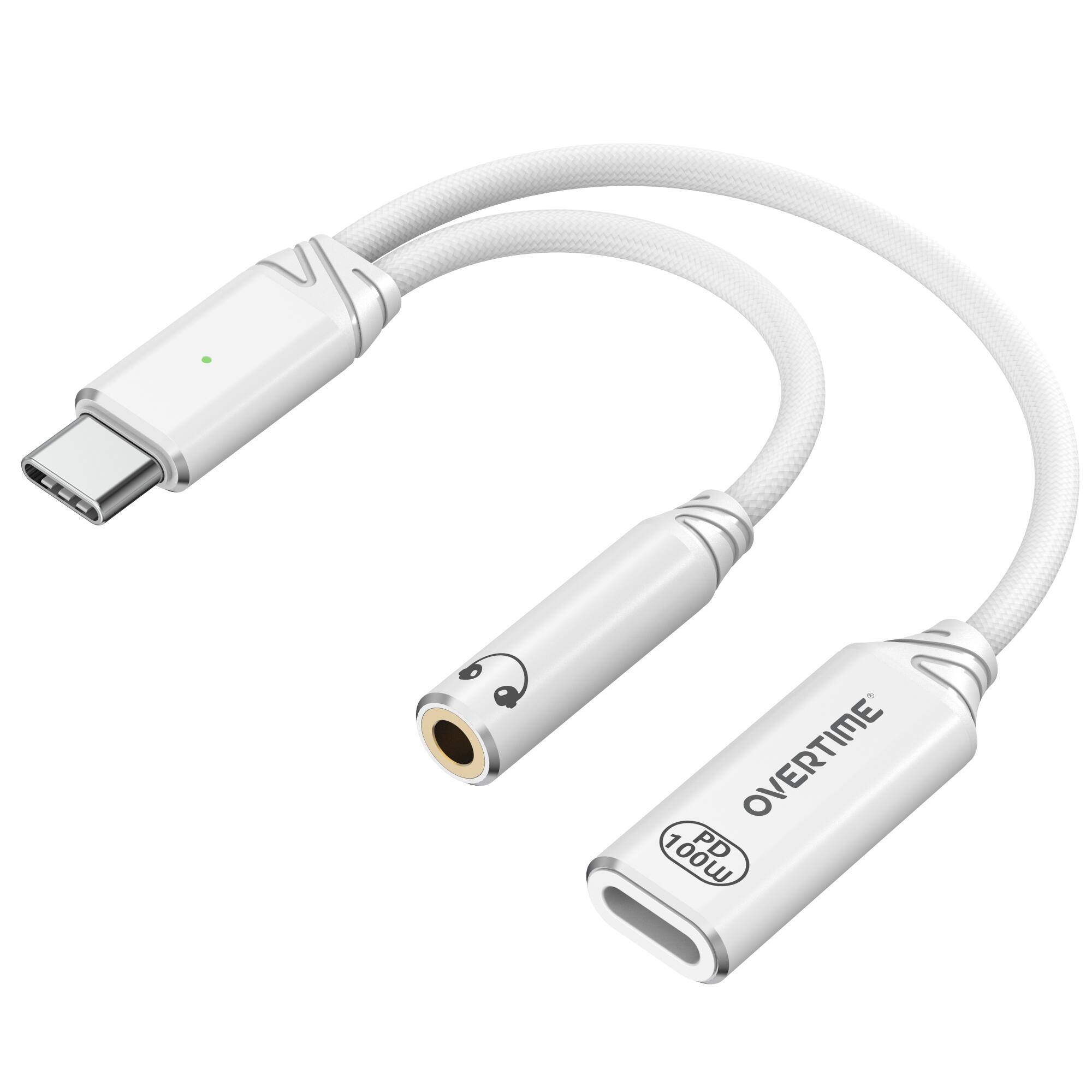 Front. Overtime - Overtime USB-C to USB-C & 3.5mm Audio and 100W Charging Splitter Adapter, White.
