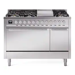 ILVE - Professional Plus II Series 48 in. Dual Fuel Range with 8 Sealed Burners + Griddle (Natural Gas, Satin Trim) - Stainless Steel