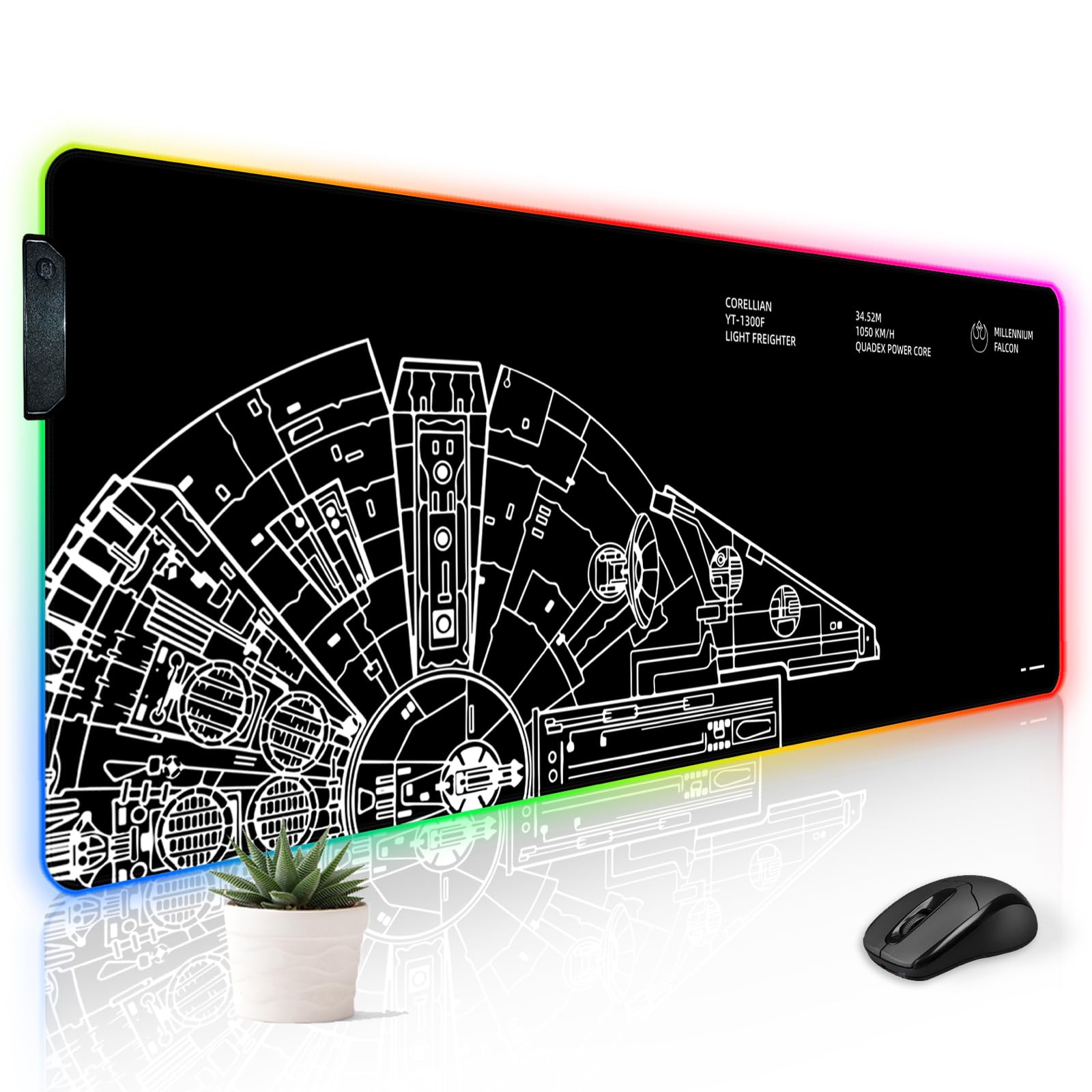 CORELLIAN YT-1300F LIGHT FREIGHTER  
34.52M  
1050 KM/H  
QUADEX POWER CORE  
MILLENNIUM FALCON