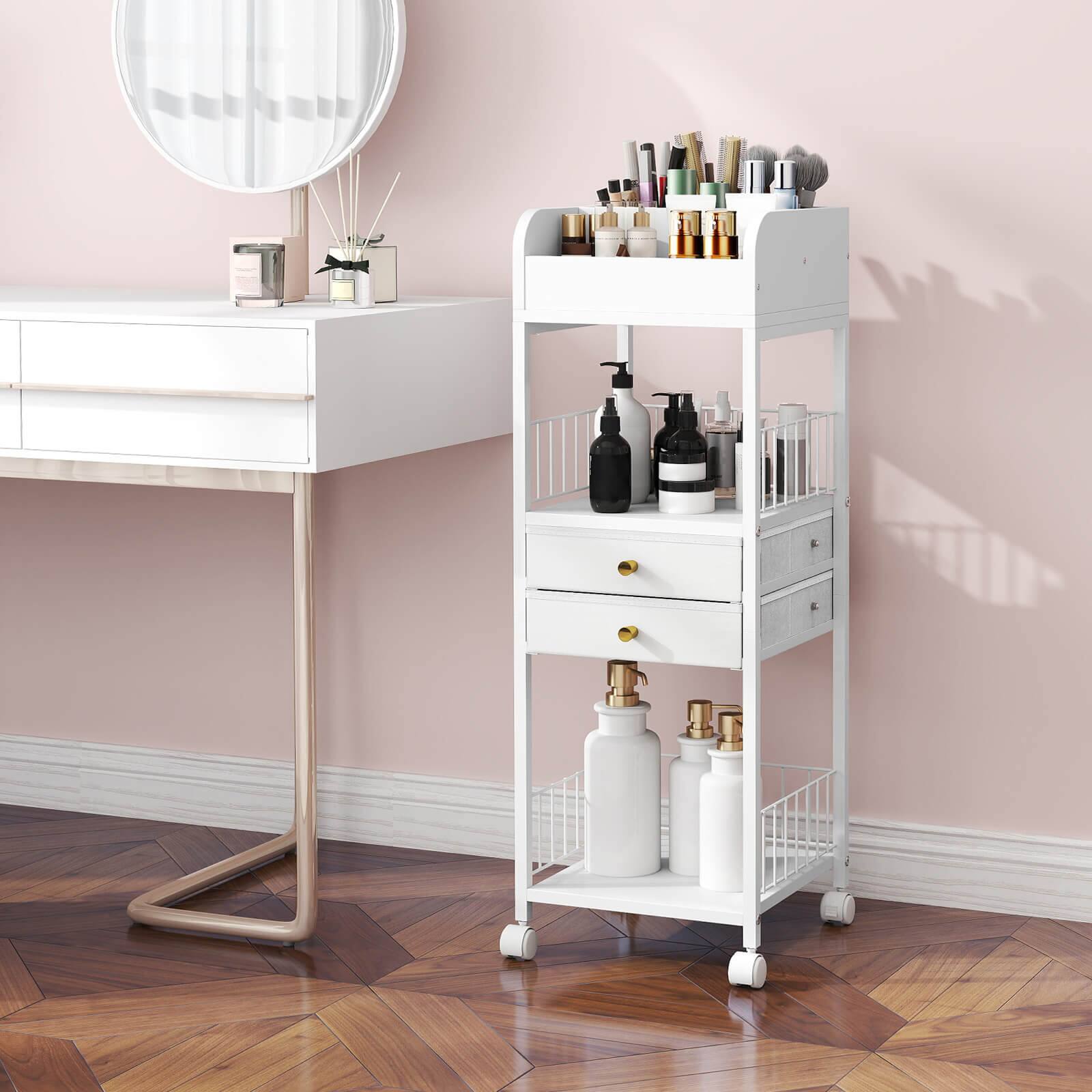 Alt View 4. Costway - Costway Makeup Organizer Cart with 2 Storage Drawers & Lockable Wheels for Perfume, White - White.