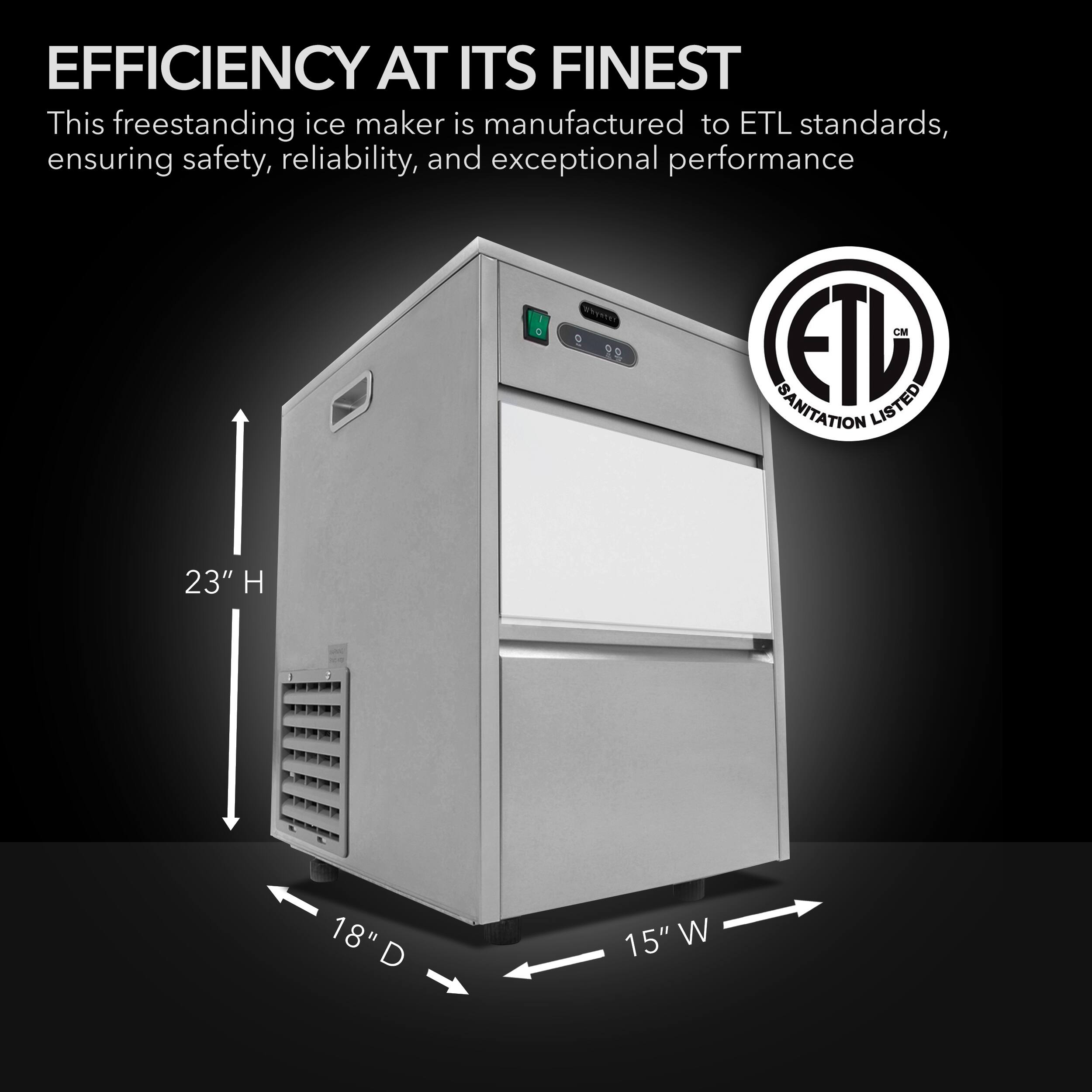 EFFICIENCY AT ITS FINEST

This freestanding ice maker is manufactured to ETL standards, ensuring safety, reliability, and exceptional performance

NuEeT 9 9 CM ETL LISTED SANITATION

23" H 18" D 15" W
