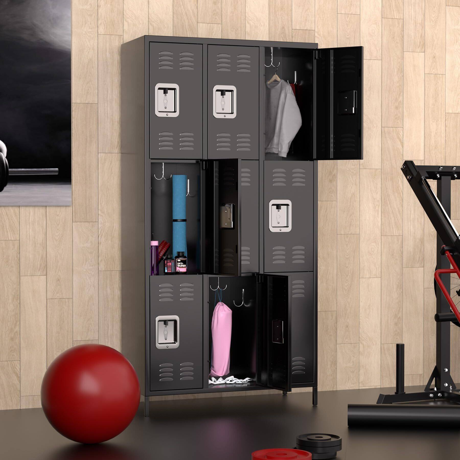 Angle. GARVEE - 9 Doors Metal Lockers Tall Metal Office Storage Cabinet with 27 Hooks and 9 Shelves for Home Office Gym School - Black.