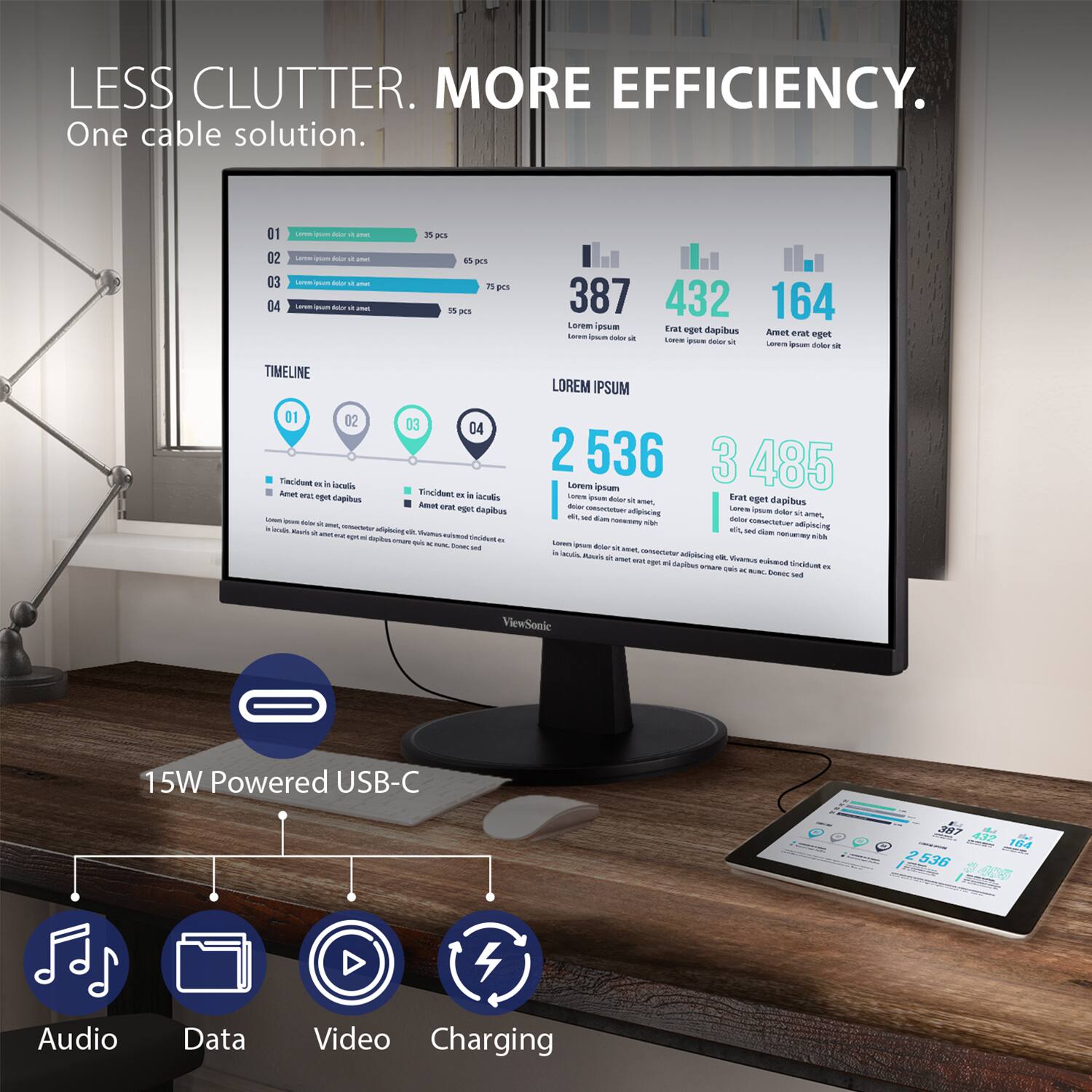 LESS CLUTTER. MORE EFFICIENCY.  
One cable solution.

01  
Lorem ipsum dolor sit amet, consectetur adipiscing elit.  
33 pcs

02  
Lorem ipsum dolor sit amet, consectetur adipiscing elit.  
65 pcs

03  
Lorem ipsum dolor sit amet, consectetur adipiscing elit.  
73 pcs

04  
Lorem ipsum dolor sit amet, consectetur adipiscing elit.  
59 pcs

TIMELINE  
01  
Tristique ex aliquam  
Lorem ipsum dolor sit amet, consectetur adipiscing elit.  
387

02  
Tristique ex aliquam  
Lorem ipsum dolor sit amet, consectetur adipiscing elit.  
432

03  
Tristique ex aliquam  
Lorem ipsum dolor sit amet, consectetur adipiscing elit.  
164

04  
Tristique ex aliquam  
Lorem ipsum dolor sit amet, consectetur adipiscing elit.  
2 536

LOREM IPSUM  
2 536  
Lorem ipsum dolor sit amet, consectetur adipiscing elit.  
3 485  
Lorem ipsum dolor sit amet, consectetur adipiscing elit.

15W Powered USB-C  
Audio  
Data  
Video  
Charging