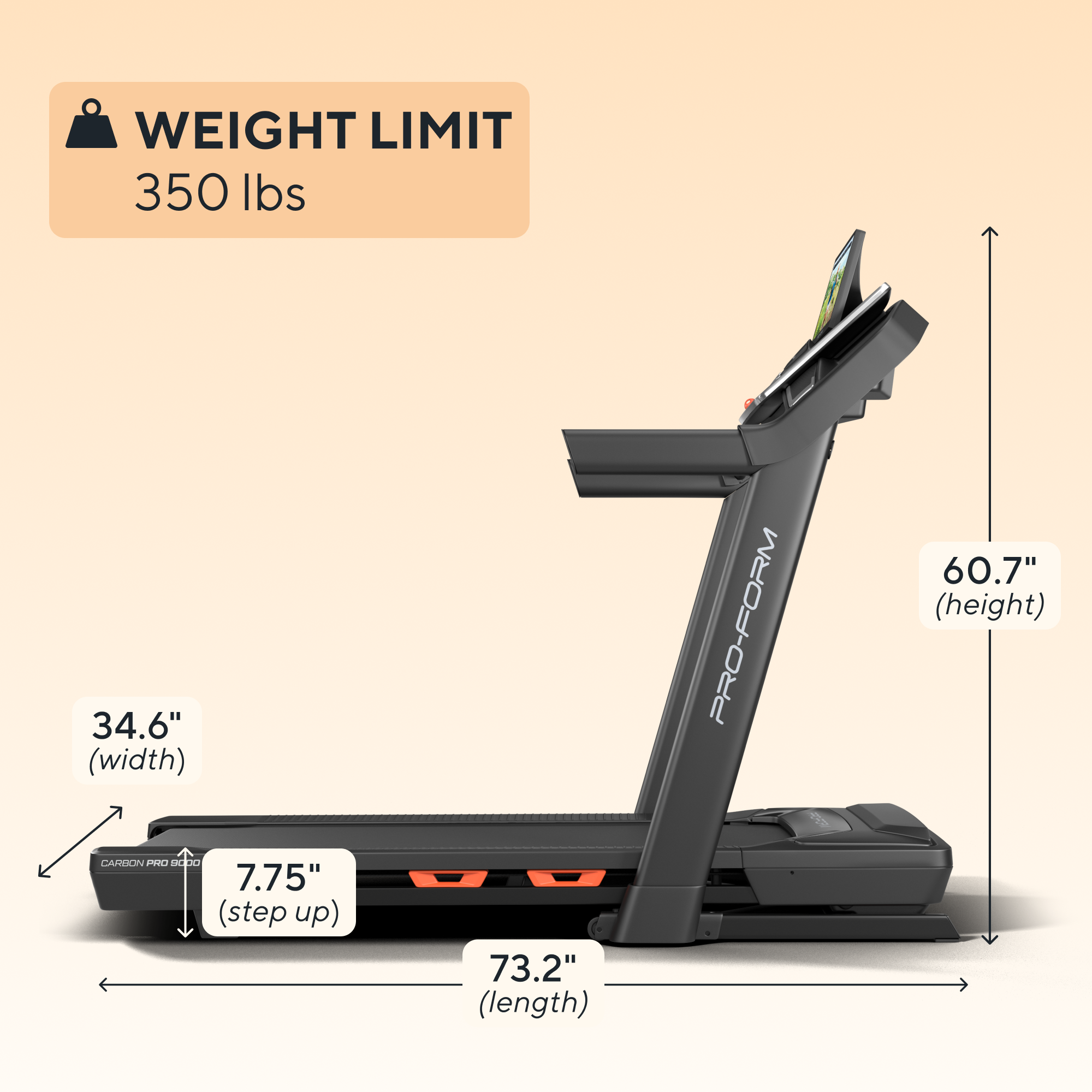 - WEIGHT LIMIT: 350 lbs
- WIDTH: 34.6"
- HEIGHT: 60.7"
- LENGTH: 73.2"
- STEP UP: 7.75"