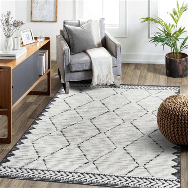 Angle. HTUTWOO - 7'9''x 10' Area Rug - Cream Indoor Carpet, Modern Geometric Pattern, Non Shedding, for Bedroom, Kitchen, Living Room - Striped Cream.