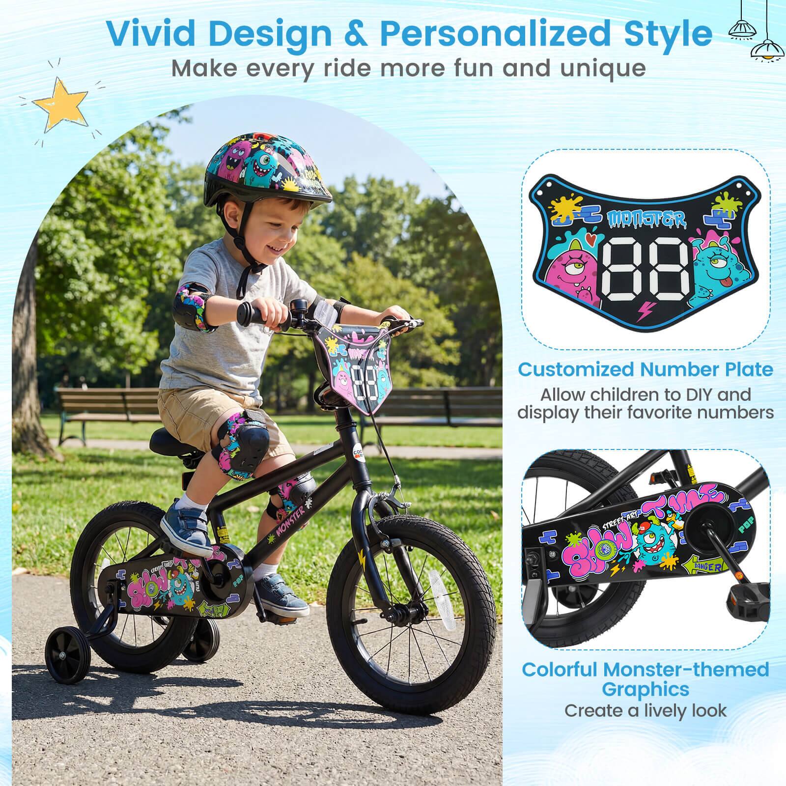 Vivid Design & Personalized Style  
Make every ride more fun and unique  

Customized Number Plate  
Allow children to DIY and display their favorite numbers  

Colorful Monster-themed Graphics  
Create a lively look