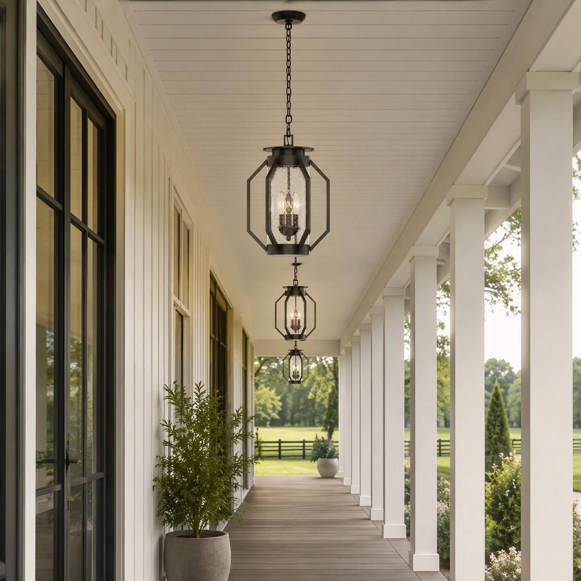 Left. RYHNUYNE - 3-Light 18 In Oil Rubbed Bronze Outdoor Hanging Lantern, Iron Geometric Frame Seeded Glass Industrial Style - Black.