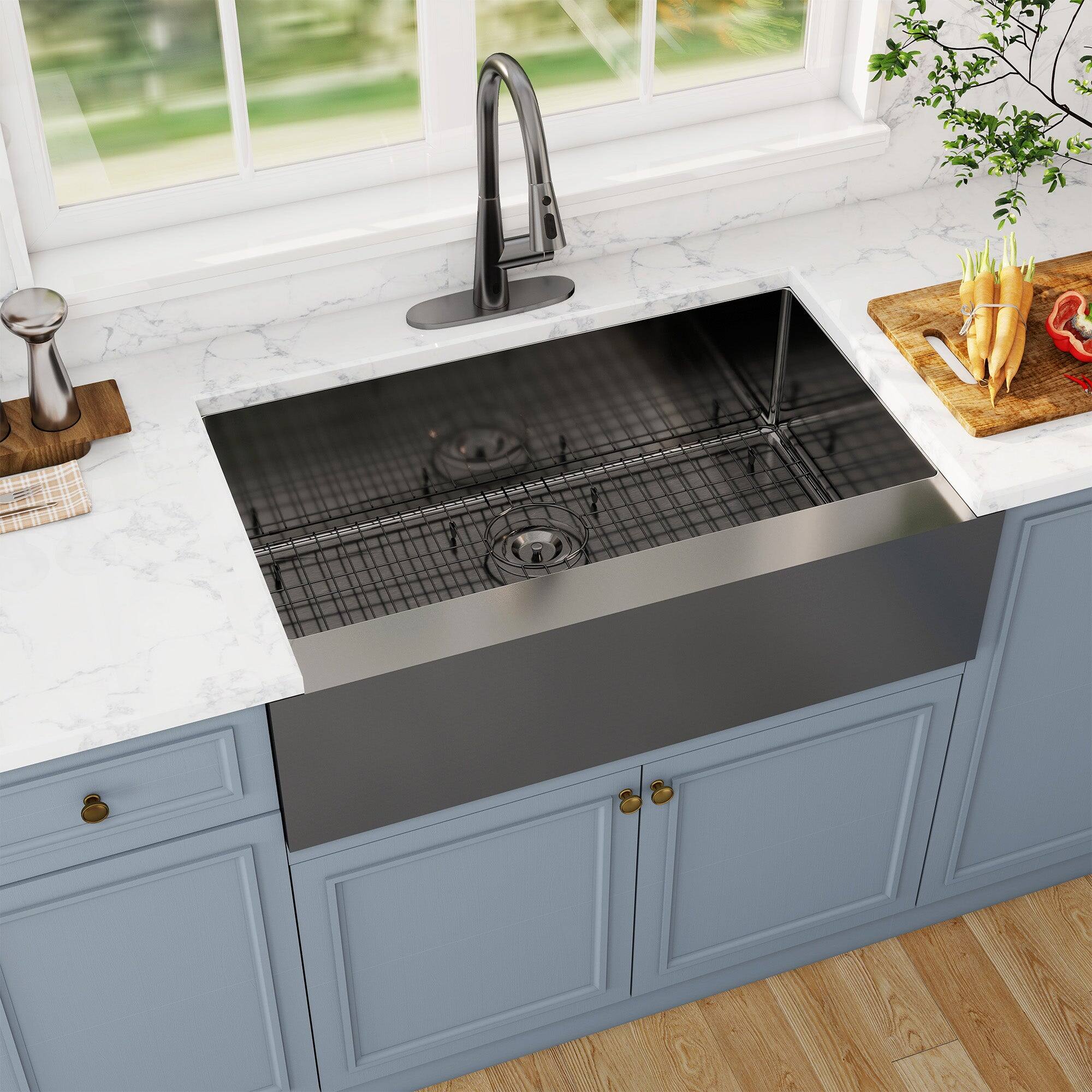 Alt View 4. Boyel Living - 36 in. Farmhouse Apron-Front Single Bowl 18-Gauge Gray Stainless Steel Kitchen Sink with Bottom Grid and Strainer Basket - Gray.