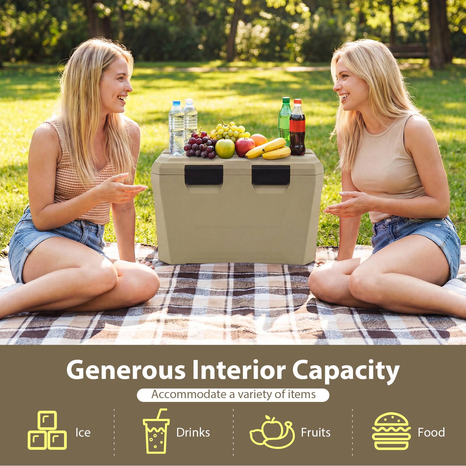 Generous Interior Capacity  
Accommodate a variety of items  
- Ice  
- Drinks  
- Fruits  
- Food
