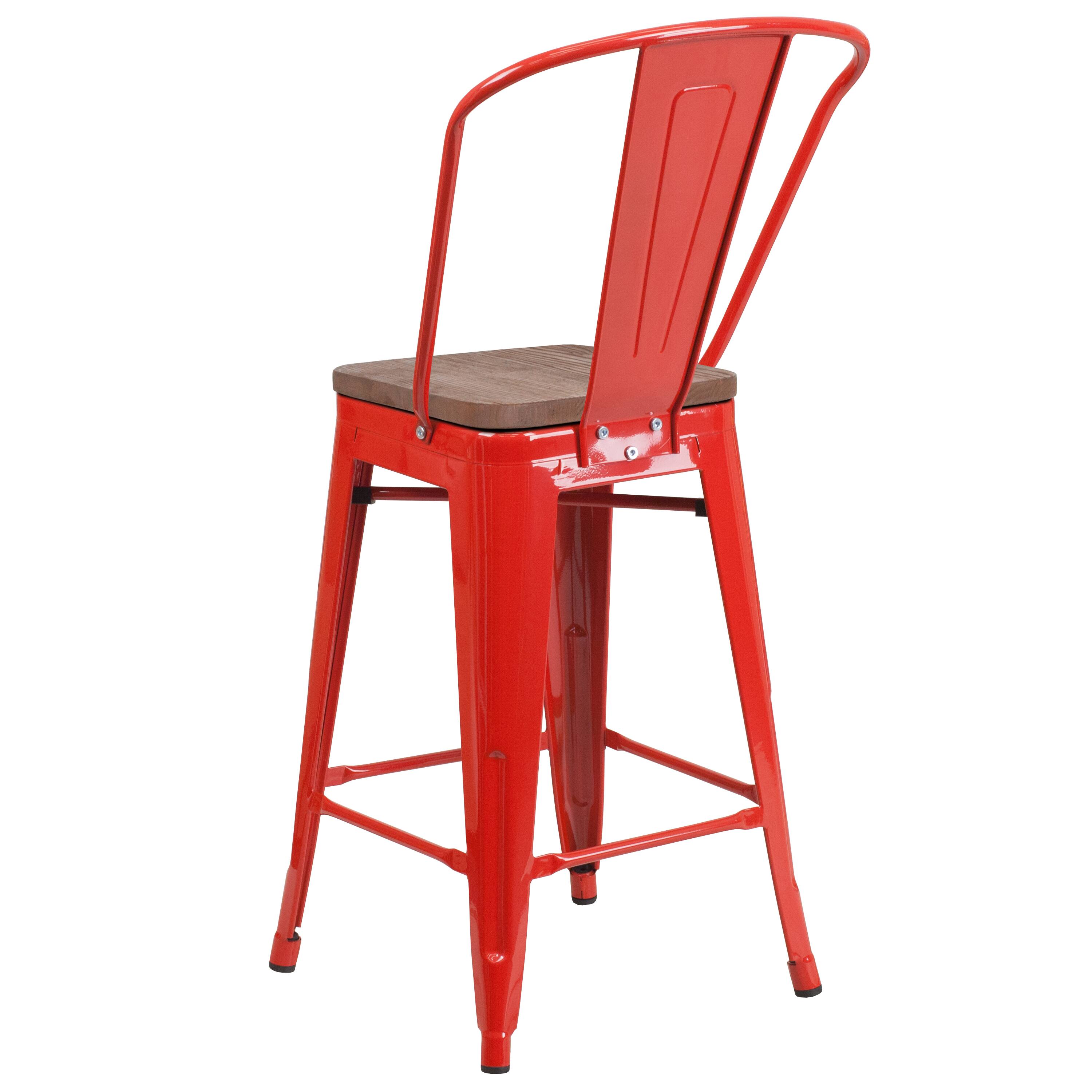 Alt View 3. Emma + Oliver - 24"H Metal Counter Height Stool with Back and Square Wood Seat - Red.